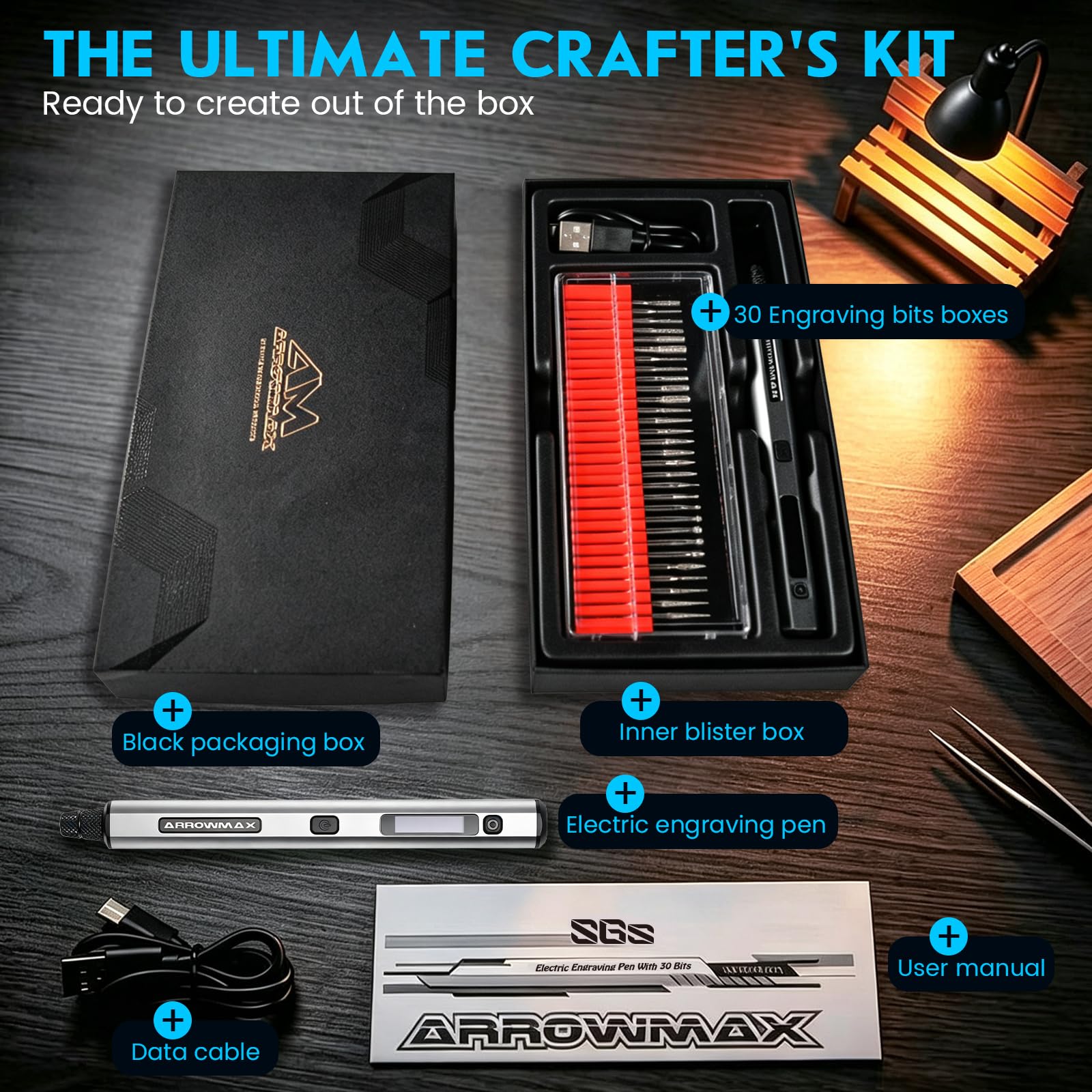 ARROWMAX Mini utensili multifunzione a 5 marce, con OLED, 30000 giri/min | Penna per incisione con 30 punte per metallo, legno, vetro, plastica, set per incisione, regalo fai da te per adolescenti