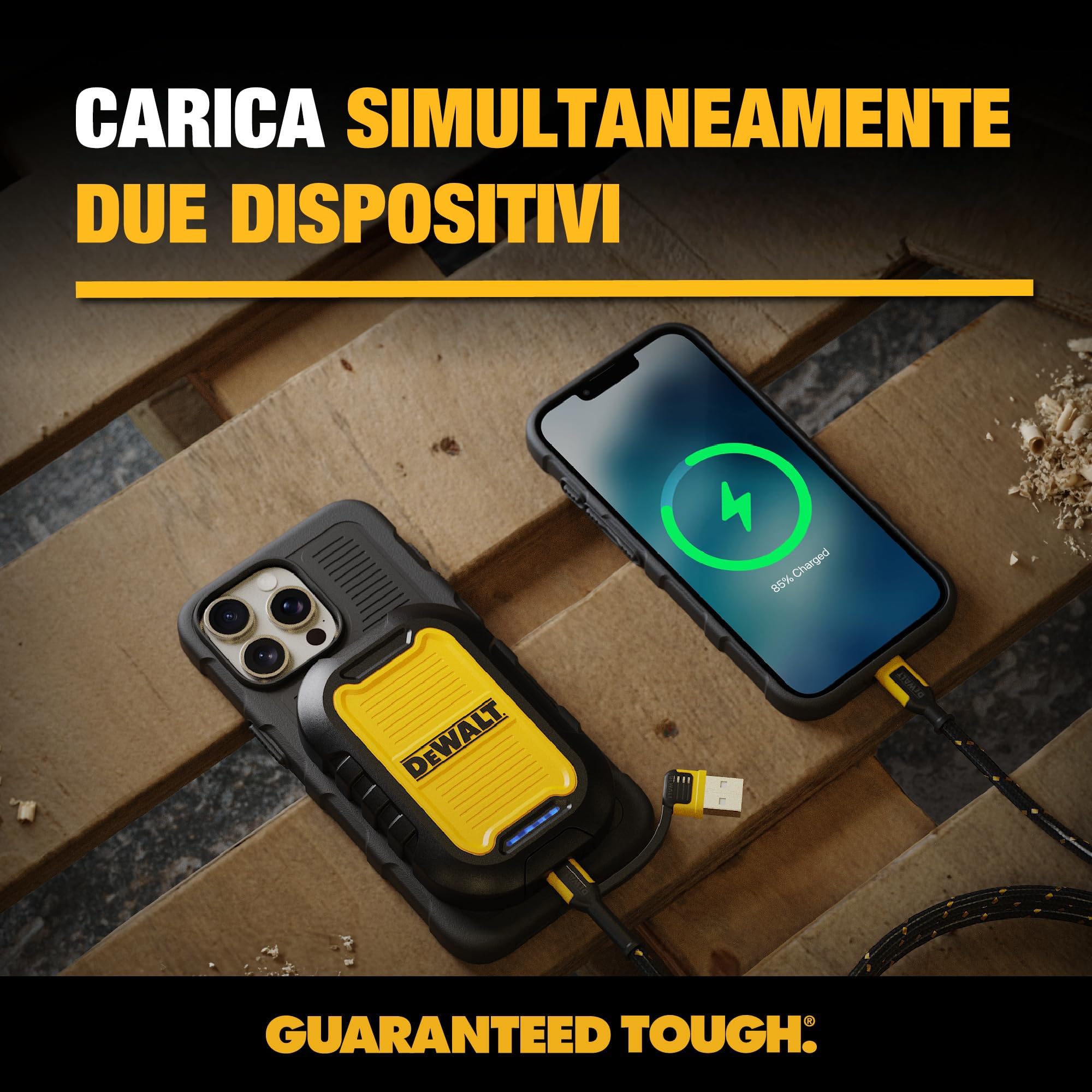 DEWALT Power Bank Magnetico 5000 mAh, Caricabatterie Portatile Wireless 18 W con USB-C, Compatibile MagSafe, IP55 Impermeabile, Ricarica Rapida per iPhone 15/14/13/12