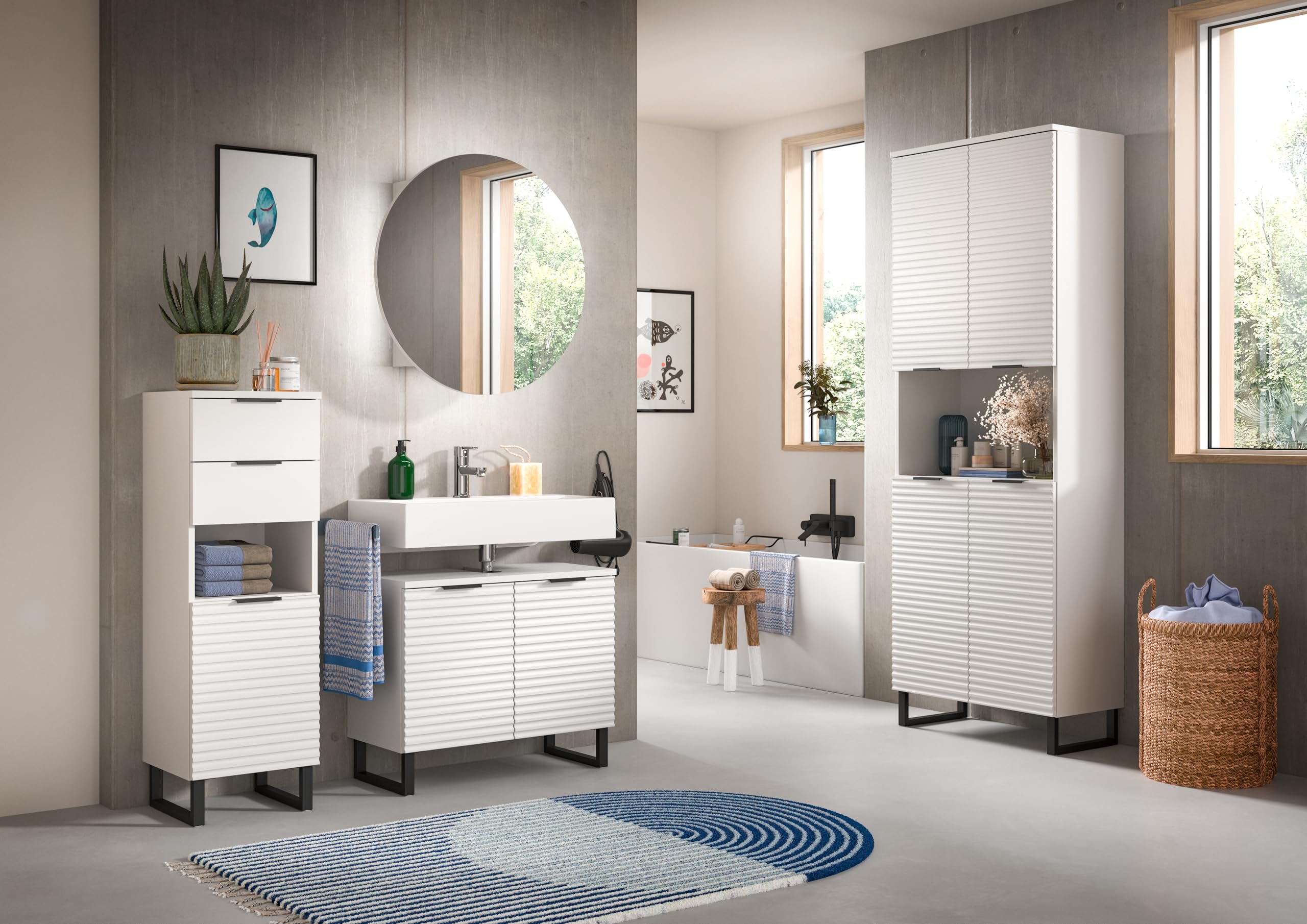 xonox.home Badezimmer Riff 2tlg. Kombination Badmöbel Set kleine Bäder Komplettprogramm Bademöbel-Set in weiß Waschbeckenunterschrank Spiegelschrank rund