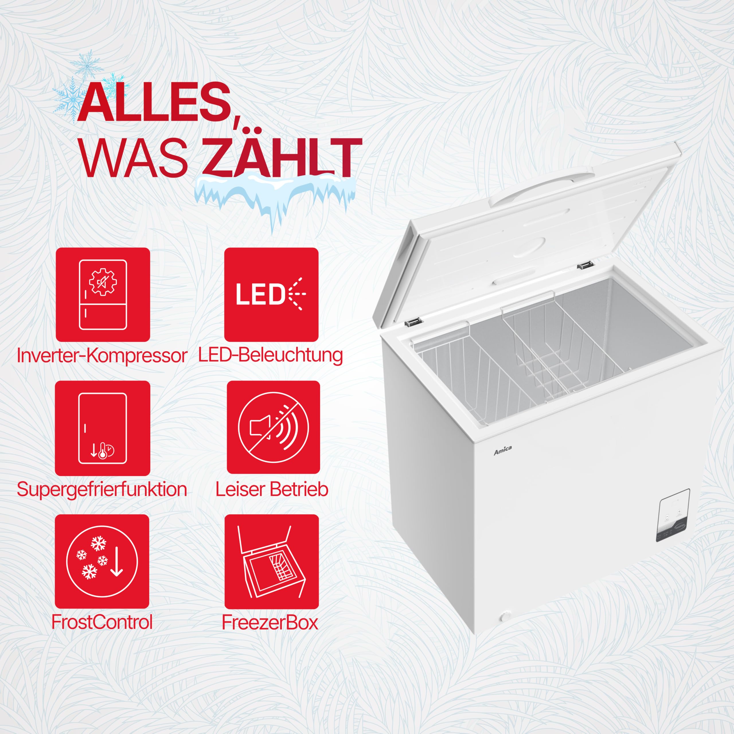 Amica Gefriertruhe freistehend 199 l FrostControl Inverter-Kompressor elektronische Steuerung 83,5 x 82,3 x 55,6 cm Weiß
