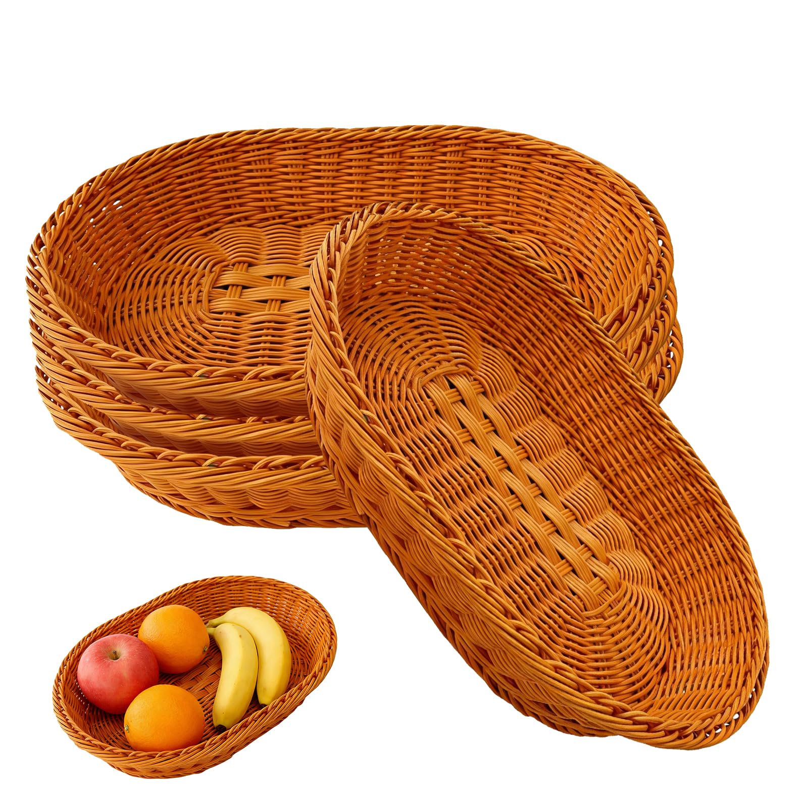 Rthynti Brown Set Of 4 Small Wicker Baskets, Reusable Bread Basket, 35×25×7 Cm Plastic Oval Storage Wicker Basket, Fruit Basket For Bin Hotdogs Burgers Sweets Fruit Picnic Barbecue Party Accessories