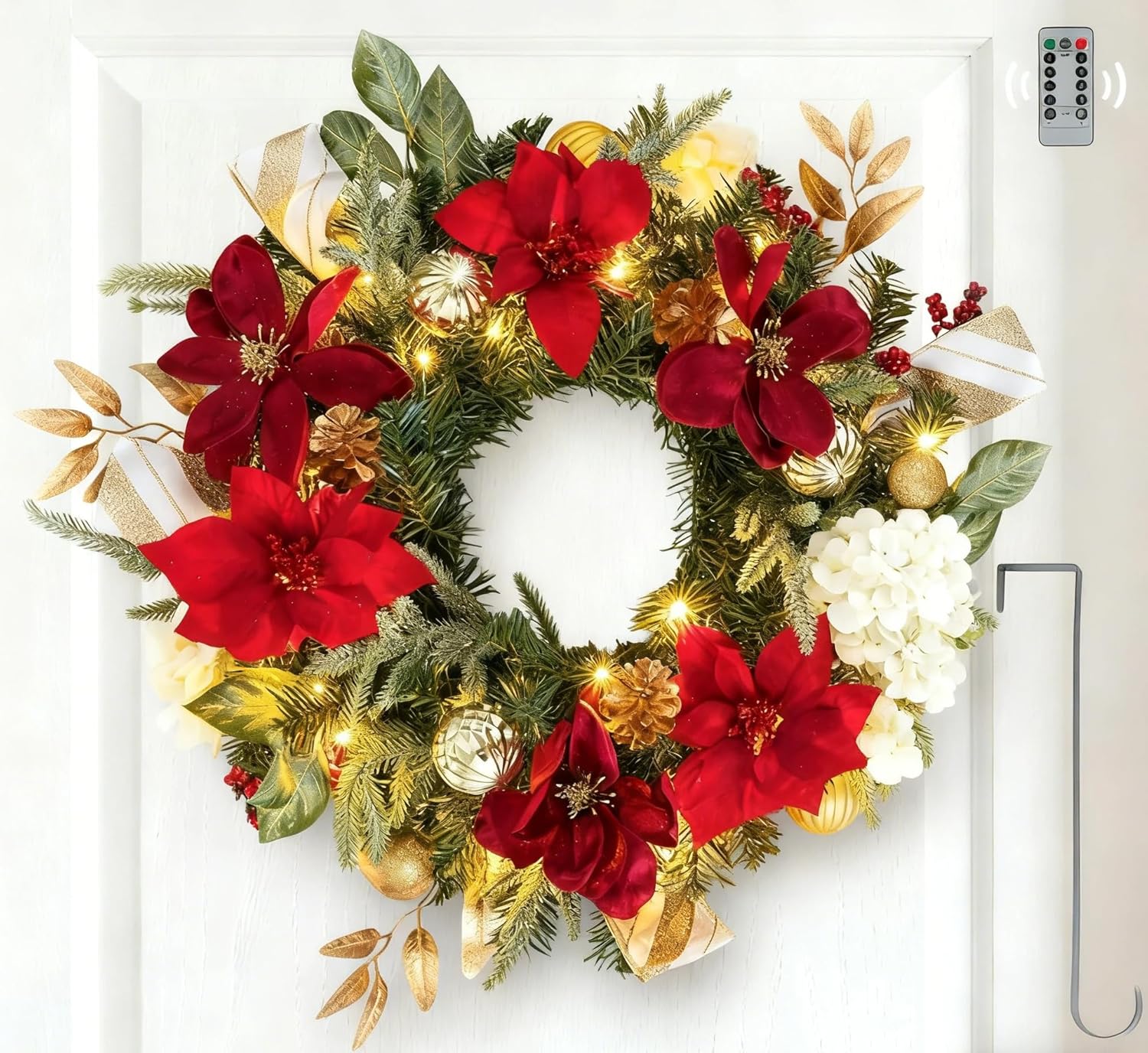 NUPTIO Prelit Christmas Door Wreath: 22 Inch Lighted Christmas Decor Battery Operated 35 LED 8-Mode Lights with Remote Timer - Wreaths with Magnolia Hydrangea Pinecone for Front Door Window Wall