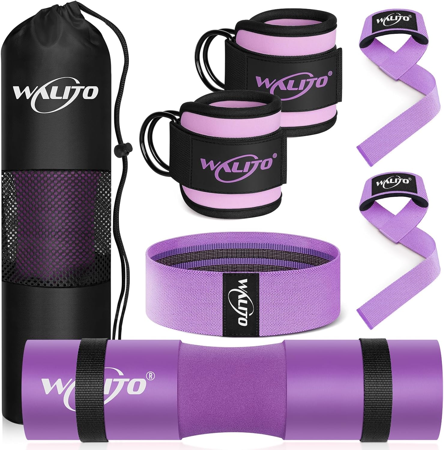 WALITO 8Pcs Barbell Pad Set for Hip Thrust – Squat Pad,Gym Accessories for Women with Bar Bad,Bench Press, with Gym Ankle Straps,Resistance Bands for Working Out,Lifting Strap,Carry Bag