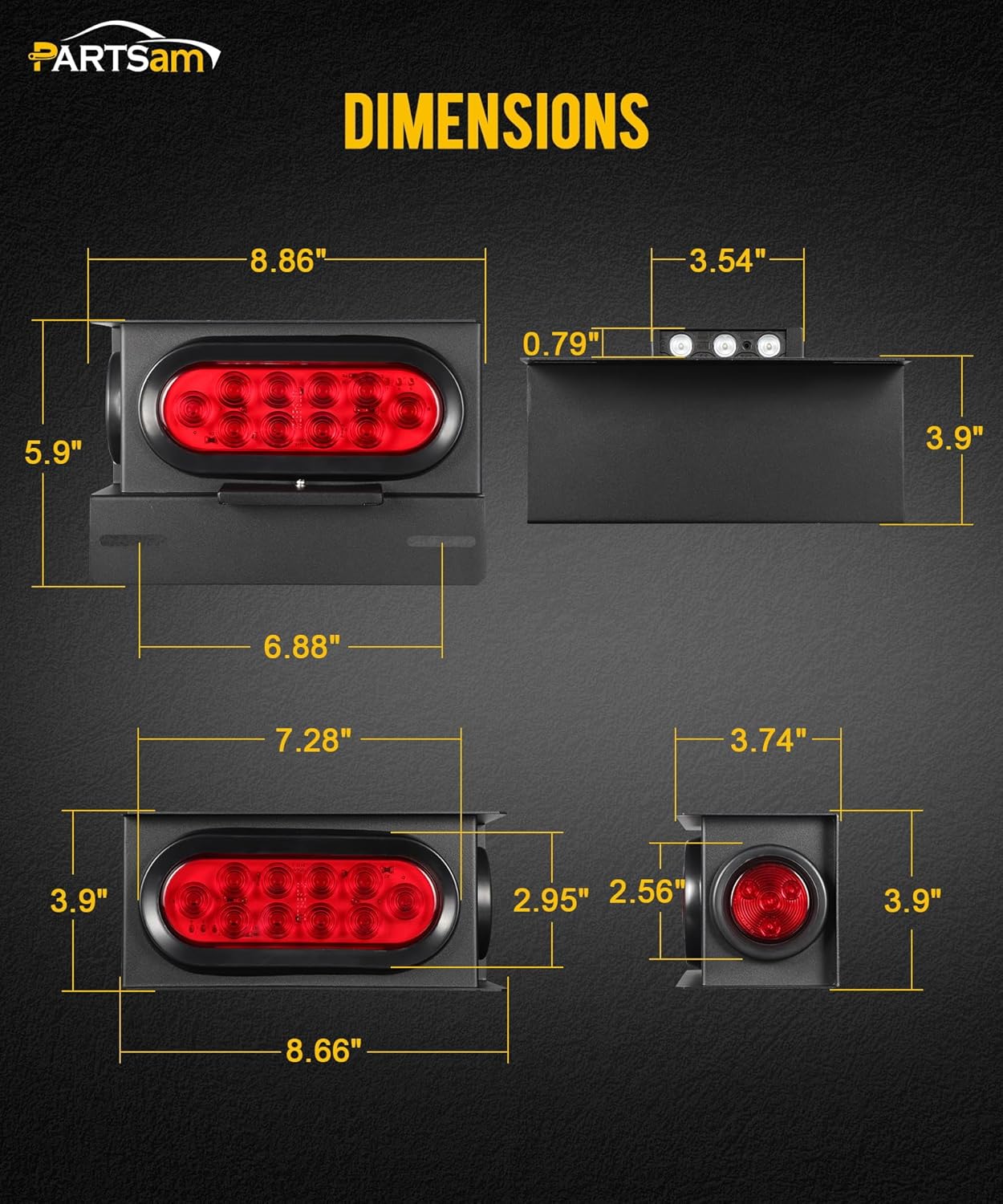 PARTSam LED Steel Trailer Light Box Housing Kit w/ 6 Inch Oval Red Trailer Tail Lights 10LED 2" Round Red Side Marker Lights 4LED, License Plate Light 3LED Bracket Grommets Wire Pigtails DOT Compliant