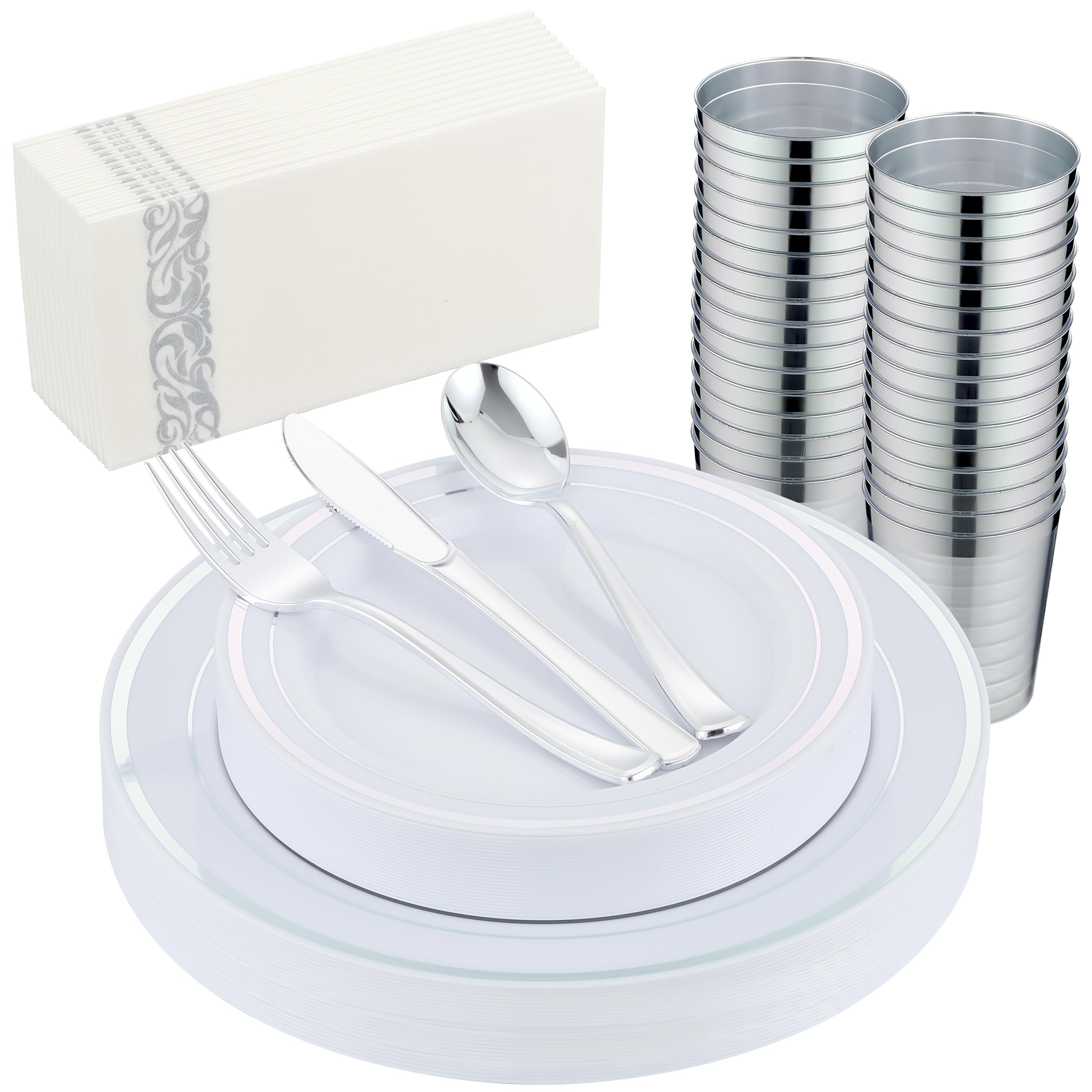 - Disposable Silver Rimmed Plastic Dinnerware Set for 25 Guests, 175 PCS with Plates, Silverware, Cups, Napkins for Party Wedding