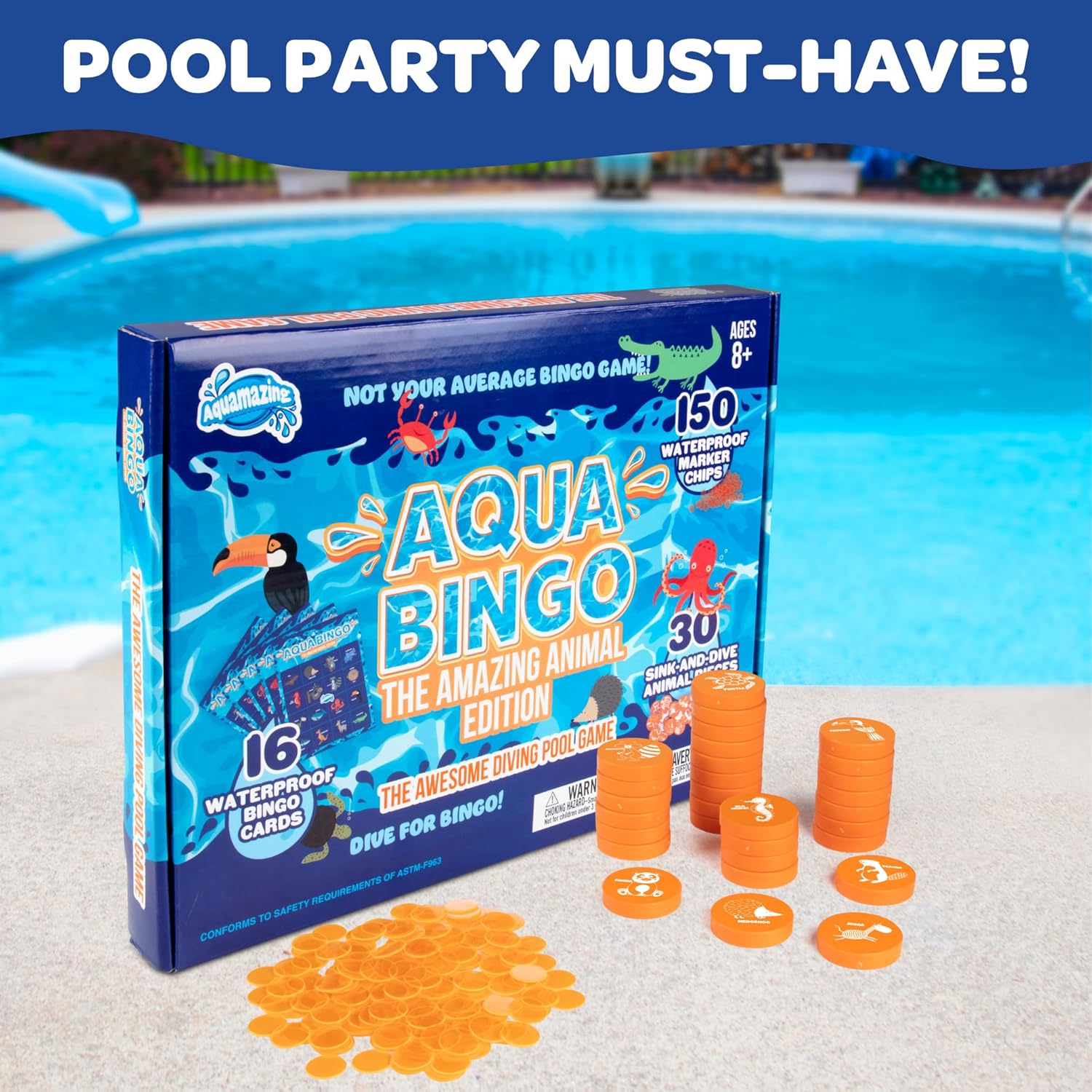 Pool Bingo Diving Game for Kids- Summer Party Fun Edition Toy- Dive & Call 30 Sinking Animal Themed "Numbers", Fill Your Card- 150 Marker Chips & 16 Double Sided Waterproof Play Cards & Carrying Bag