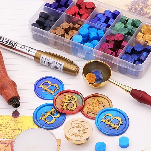 Miniatura 4 de SWANGSA Kit de sello de cera del alfabeto B, elegante sello de sellado de letras florales botánicas con 200 cuentas de cera de sellado (B)