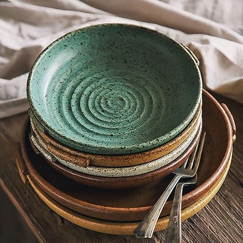 Miniatura 2 de WULFY Vajilla Retro Plate with Handle Restaurant Creative Tableware Family Round Platter Sallow Plate Western Dinner Dish (Color  Green, Size