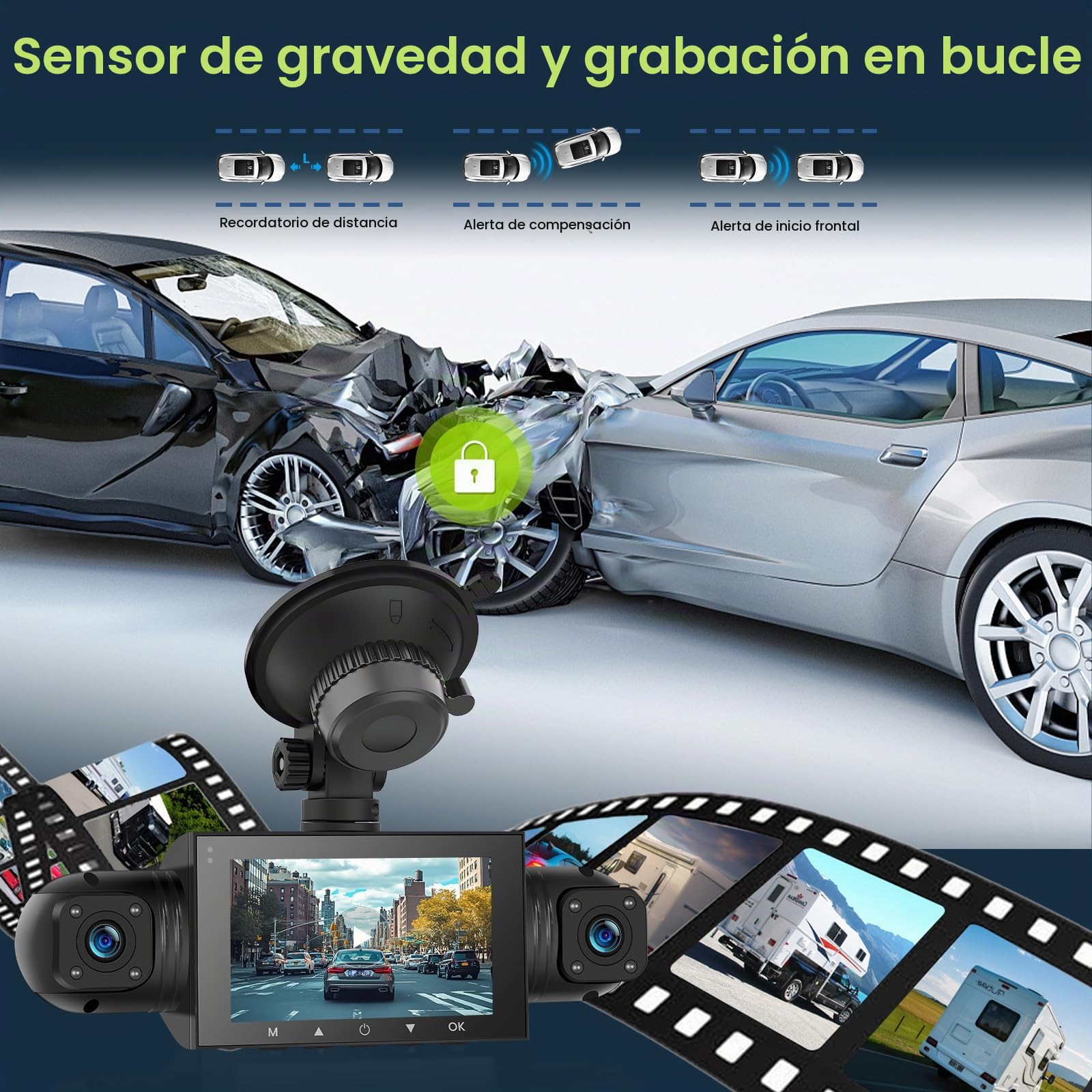 Hodozzy Cámara de Salpicadero Delantera y Trasera de 360° con 4 Cámaras, 1080P, 8 LEDs de Visión Nocturna IR, Pantalla Táctil IPS de 3", Grabación en Bucle, Sensor G, Visión Nocturna+Tarjeta SD de 64G