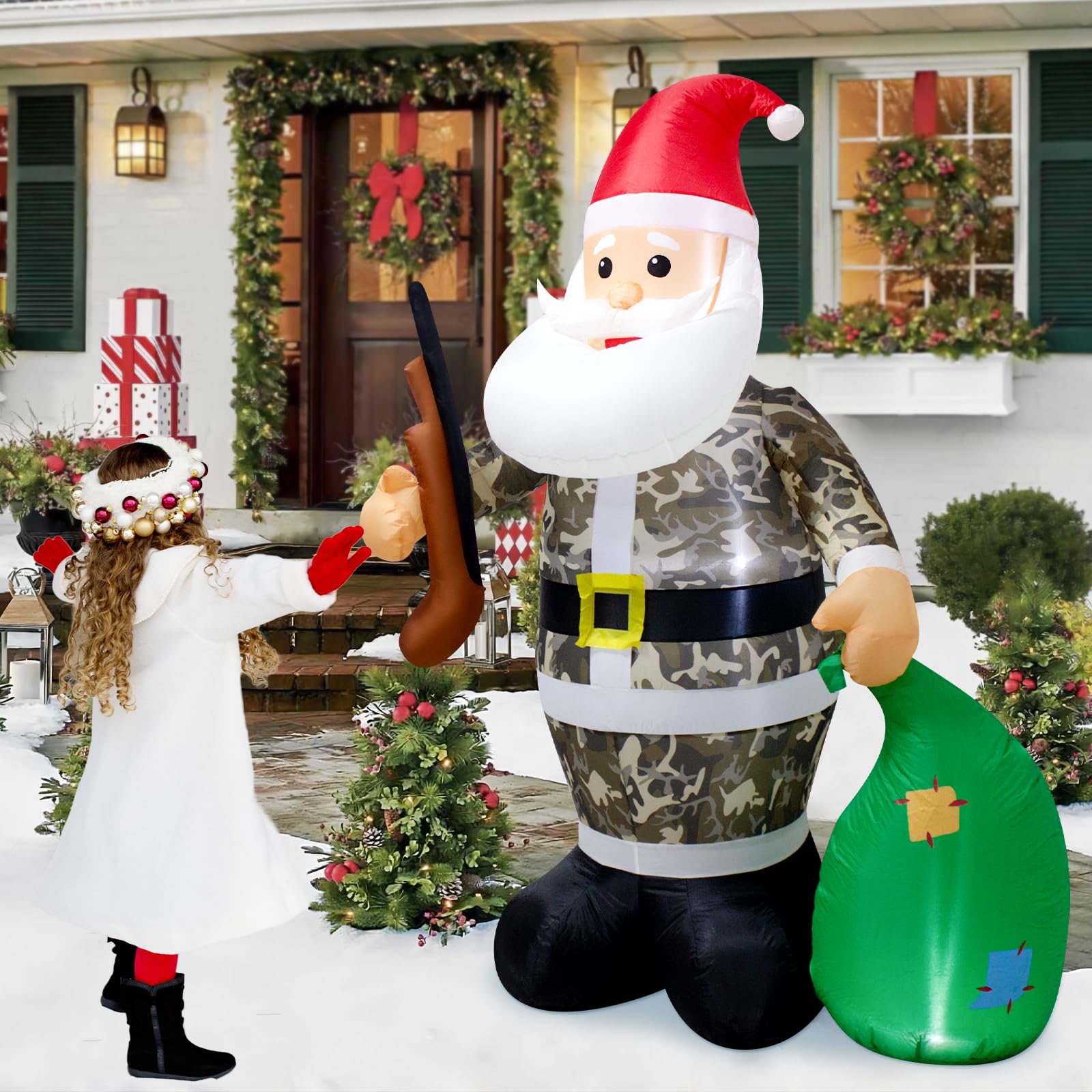 6FT(1.8M) Camo Suit Santa Claus with a Gun Christmas Inflatable Decorations Outdoor Blow up Santa Lighting Xmas Decorations Inflatable Santa Garden/Yard/Lawn Decorations Christmas Tree Decor - Image 4