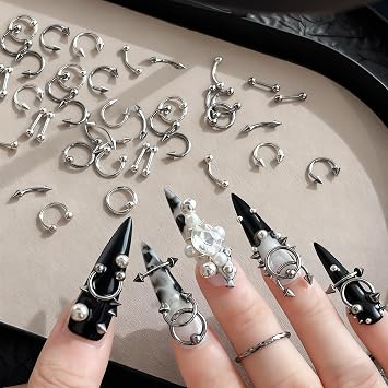 80 PCS Piercing Nail Art Charms 3D Silver Alloy Goth Punk Nail Rhinestones Silver Gray Cone Spikes Metal Rings Alloy Rivets Nail Jewelry Y2K Pierced Nail Charms for DIY Manicure Salon Accessories