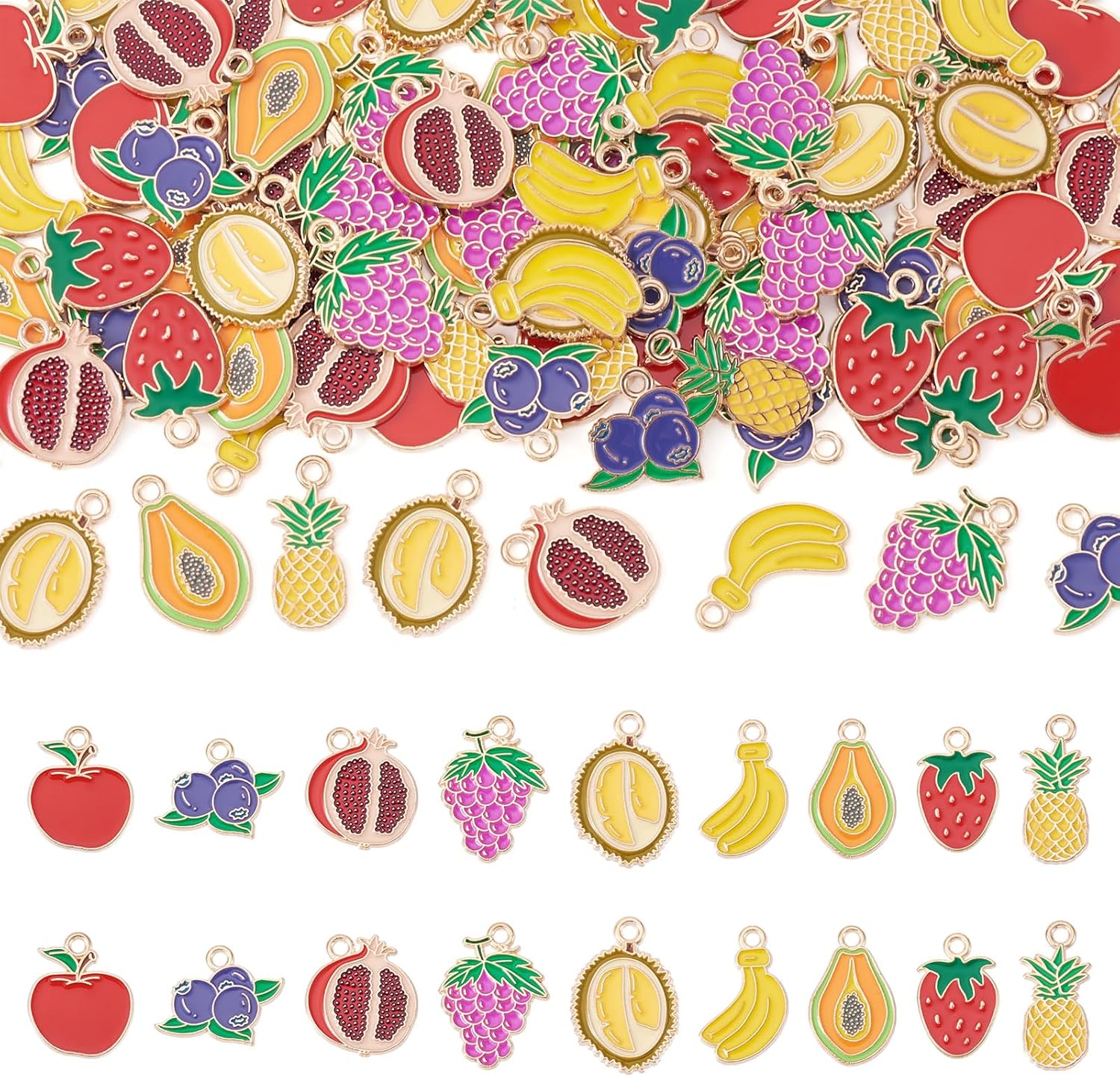90Pcs Enamel Fruit Charms 16 Styles Alloy Pineapple Banana Strawberry Blueberry Durian Grape Guava Food Charms Summer Jewelry Pendants for DIY Bracelets Earrings Necklace Crafts Supplies
