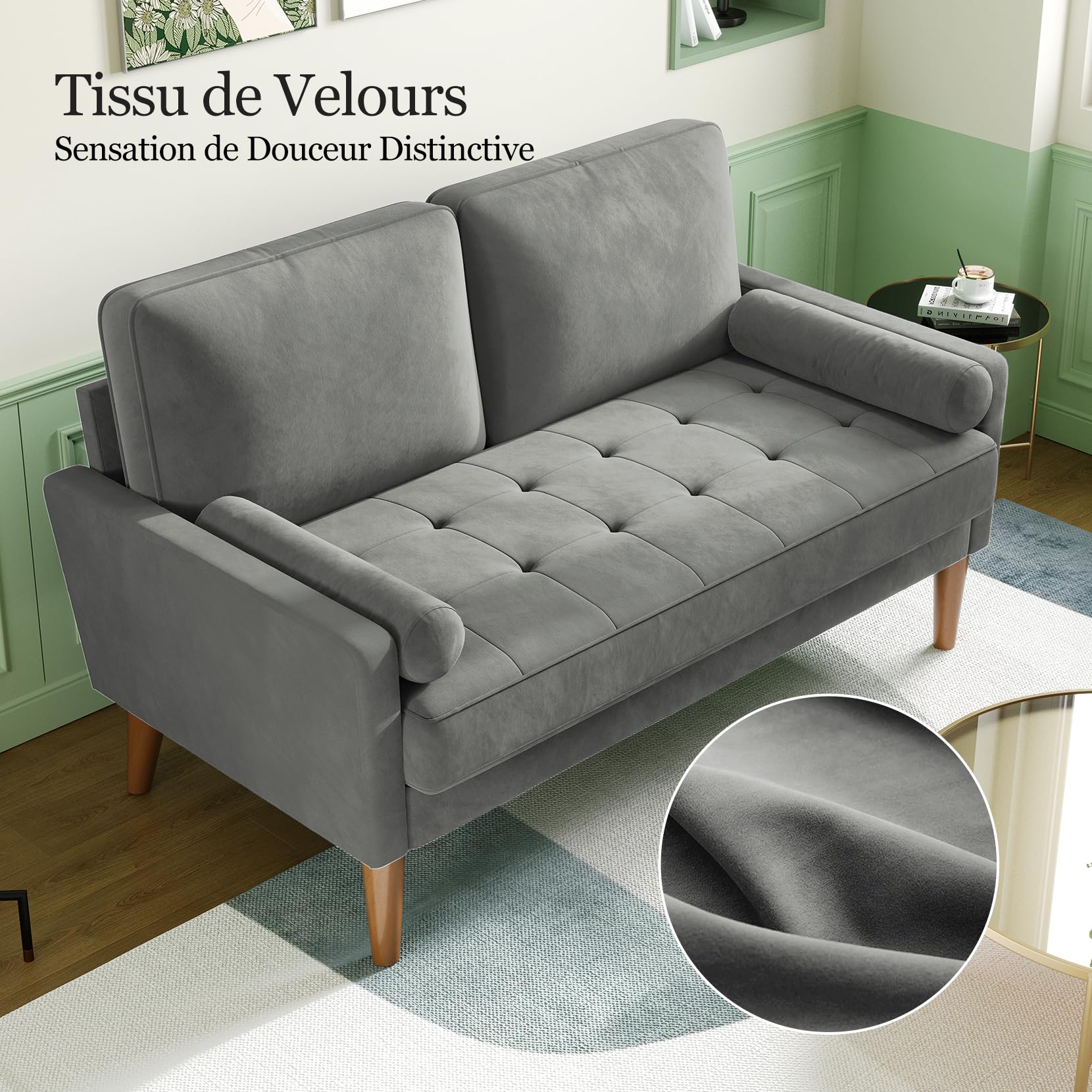 Vesgantti Petit Canapé 2 Places en Velours Gris 121cm Coussin à Ressorts, Accoudoirs, Salon Moderne, Causeuse Fixe