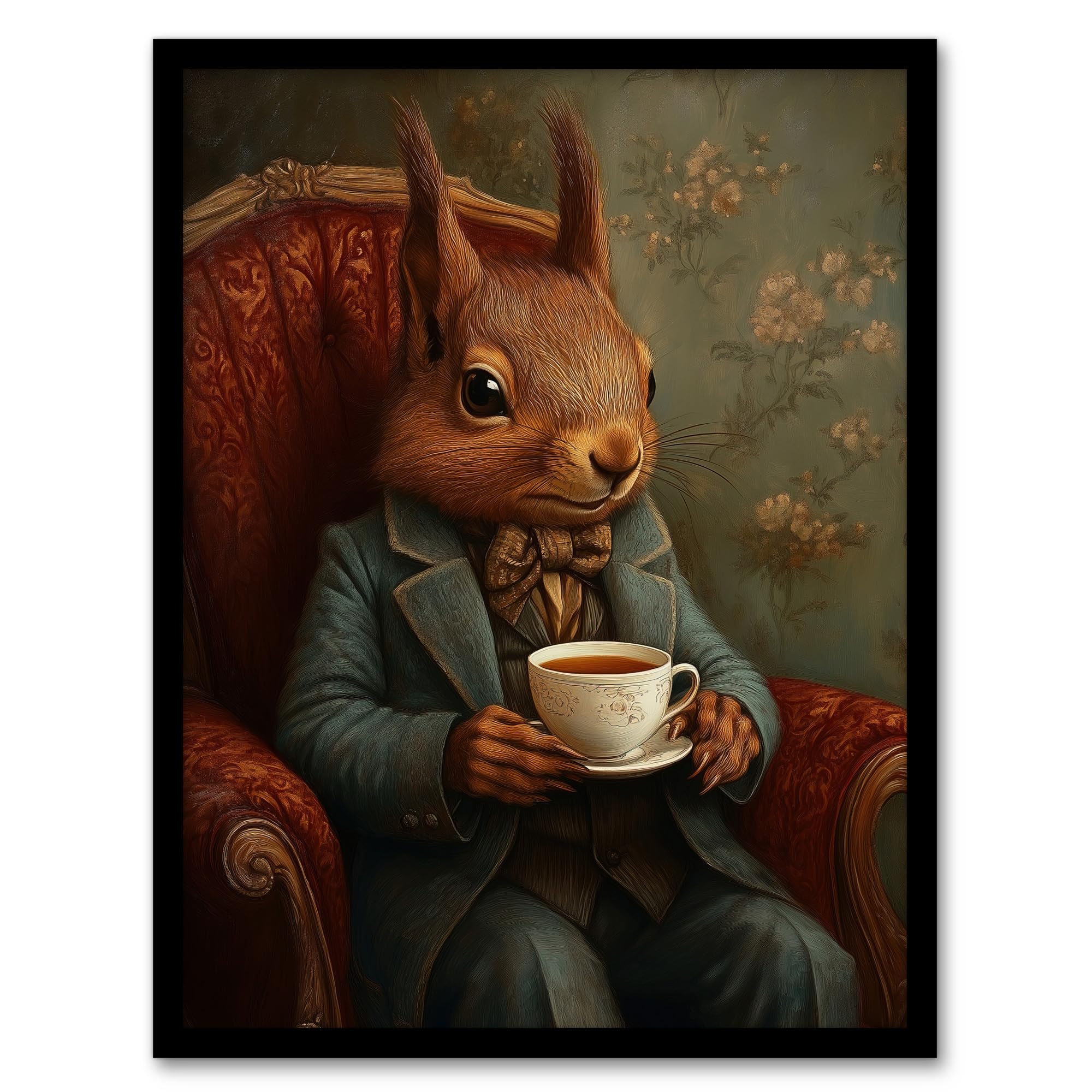 Artery8 Red Squirrel Tea on Armchair Victorian Portrait Living Room Artwork Framed Wall Art Print 18X24 Inch
