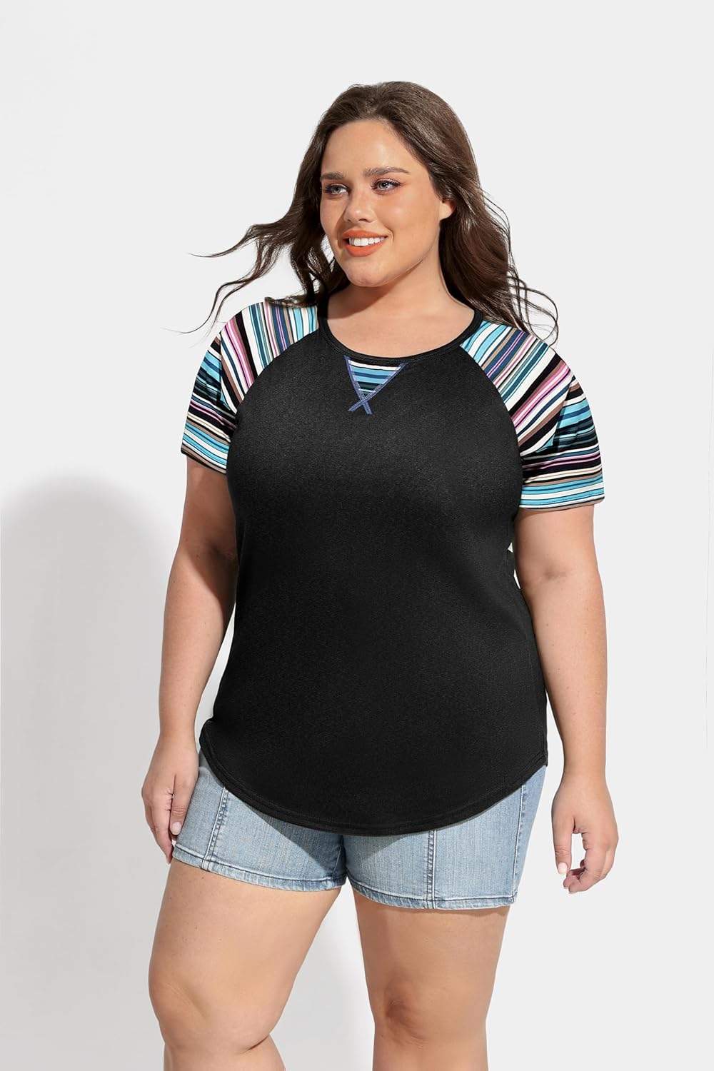 TIYOMI Plus Size T Shirt Tunic Tee Color Block Crewneck Raglan Summer Short Sleeve Tee XL-5XL - Image 3