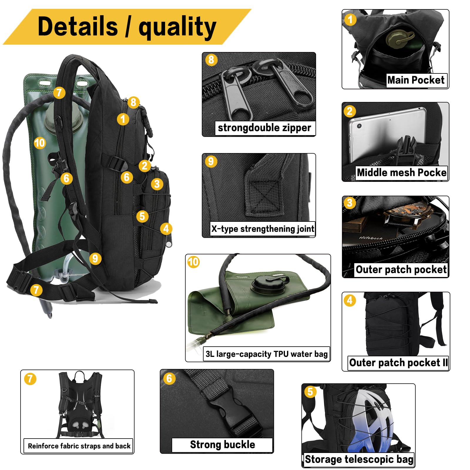 RAPIDSKY Borraccia da 3L, Borraccia Tattica ad Alta Capienza, Borraccia Unisex, Zaino Tattico, Escursionismo, Ciclismo, Corsa, Caccia