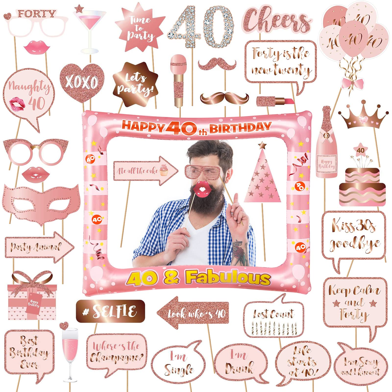 Accessoires Cabine Photo 40 Ans - 31 Accessoires Selfie + Grand Cadre Gonflable Noir Doré, Décoration Anniversaire