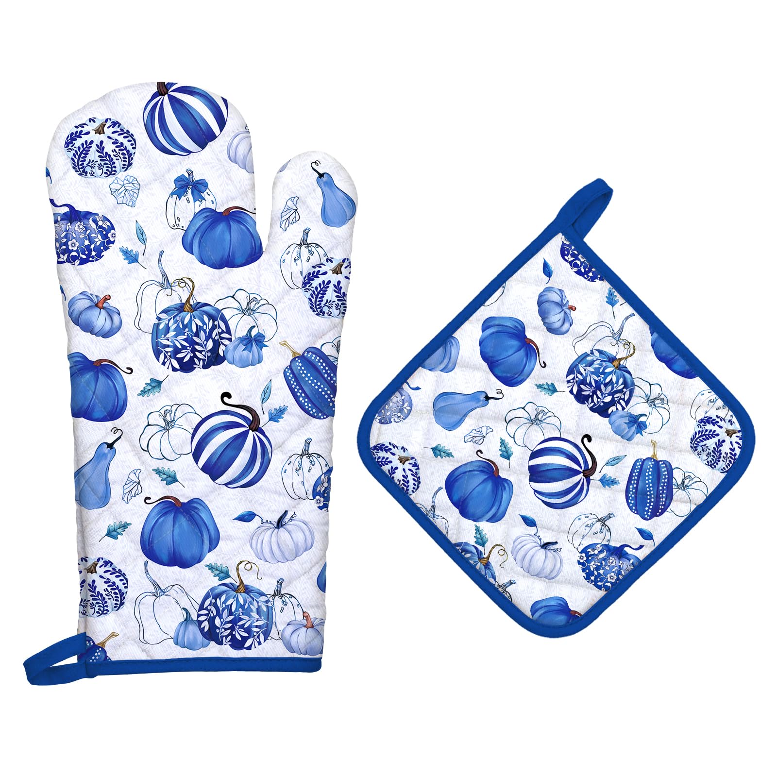 Arquiel Ofenhandschuh und Topflappen Herbst Blauer Kürbis 2er Set, 100% Baumwolle Kochhandschuhe, Hitzebeständiger Küchenhandschuh für Kochen, Herbst Dekor Küche Dekor Geschenke für Frauen