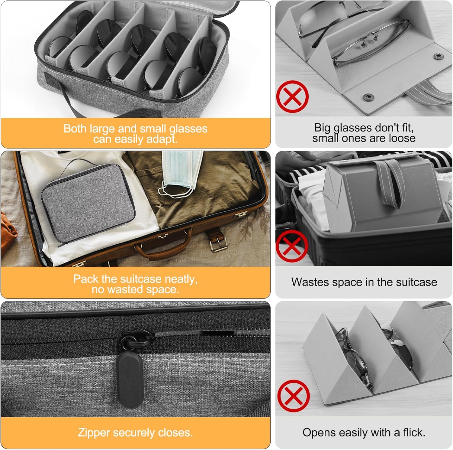 Sunglasses Travel Organizer Case for Multiple Pairs, 8 Adjustable Slots Eyeglasses Glasses Organizer Case with Soft Sunglasses Bag Pouch, Portable Sunglass Storage Box for Men and Women - Grey - Image 2