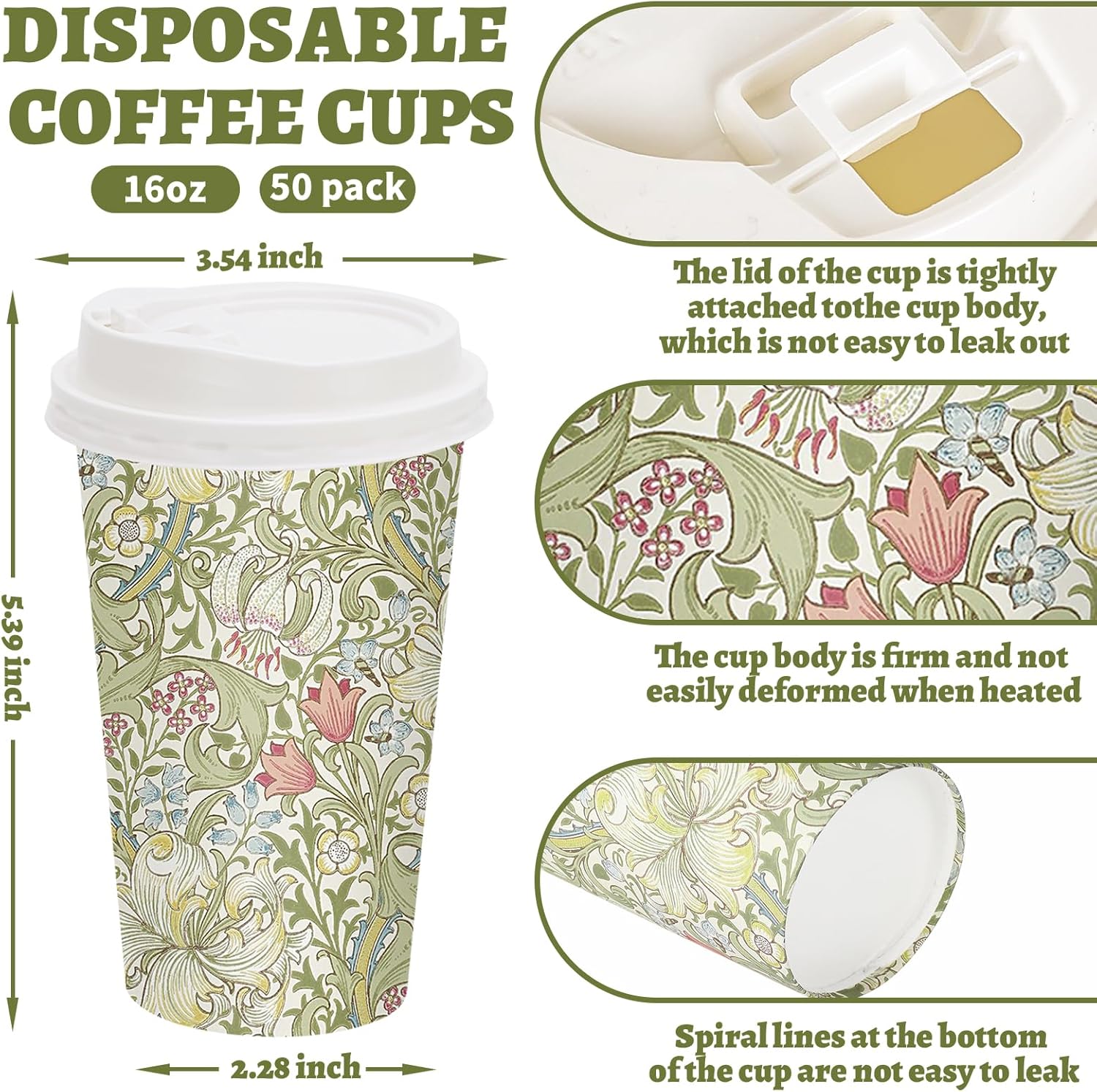 50 Sets Vintage Floral Coffee Cups with Lids 16oz Green Retro Flower Paper Cups Greenery Disposable To Go Coffee Cups for Cafe Shop Cappuccino Chocolate Beverage Cocoa - Image 2