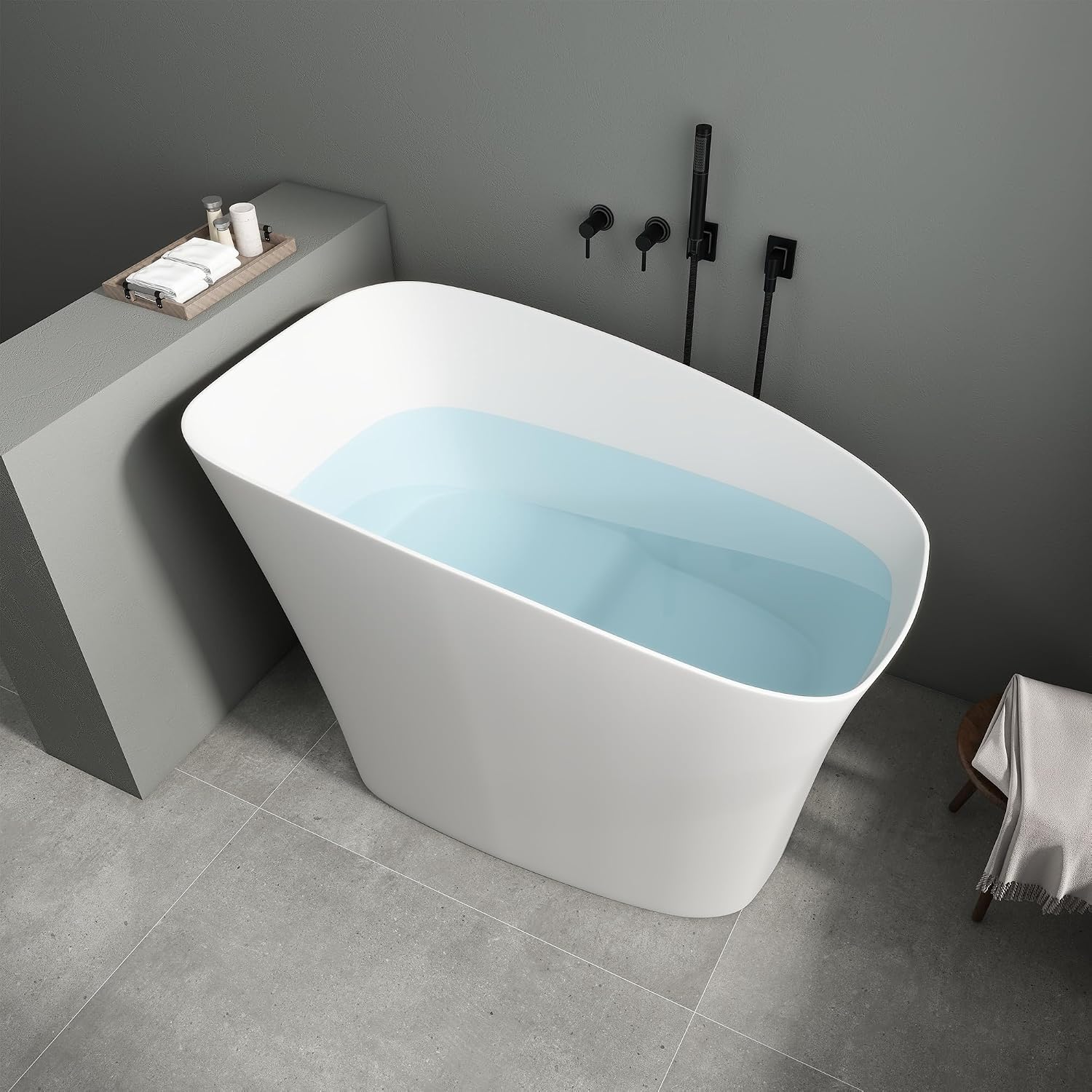 SJ Star&Jane 51" Solid Surface Japanese Soaking Bathtub Stone Resin Freestanding Tub Deep Soaking Bathtub Sit-In Design with Overflow and Drain