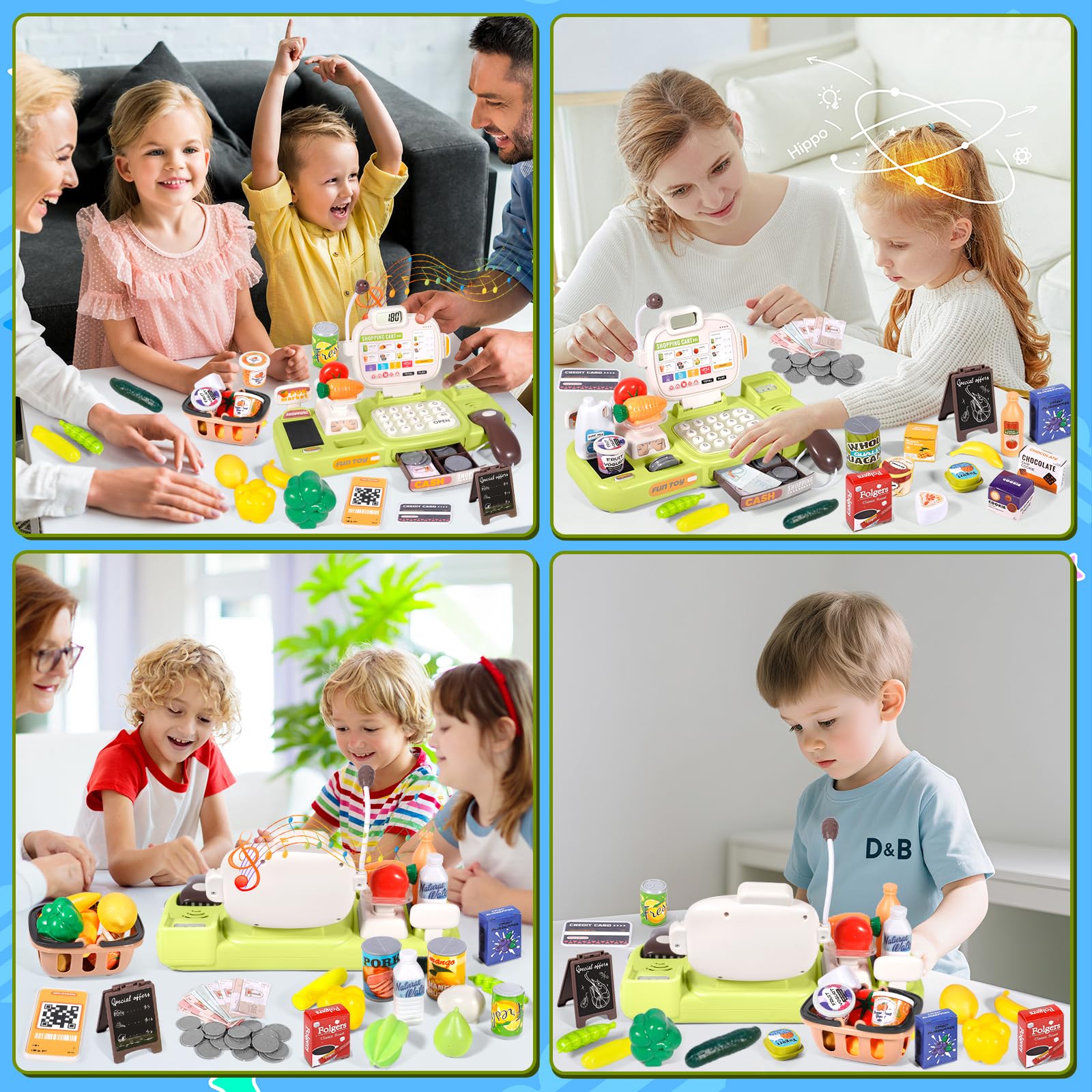 Jouets Caisse enregistreuse pour Enfants, 77 Accessoires, Cashier Cosplay Jouets avec Vraie Calculatrice Scanner Son et Lumière, Jouet Supermarché Jeu de Rôle pour Garçon Fille de 3+ Ans
