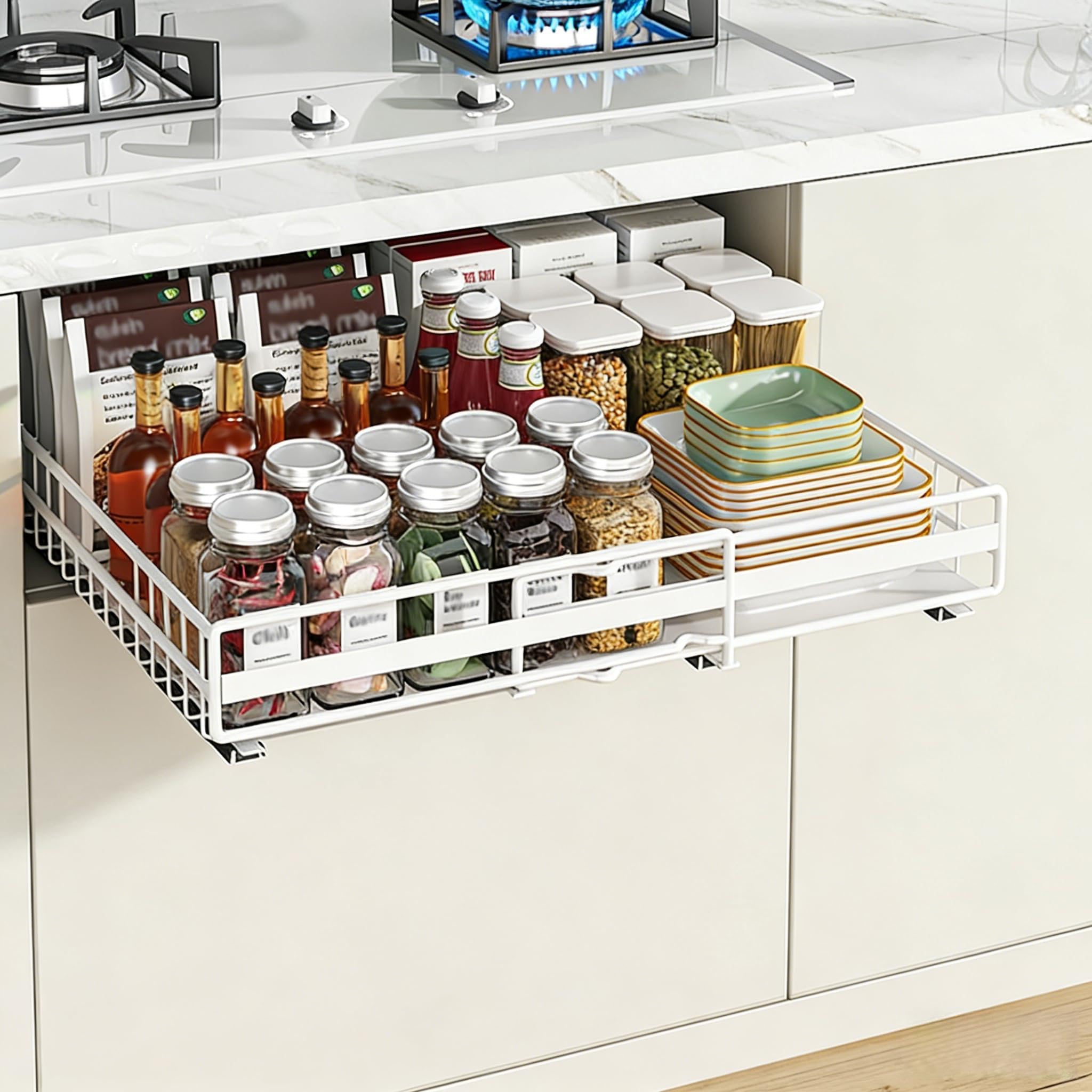 GarveeHome Expandable Pull-Out Kitchen Cabinet Organizer Rack – Carbon Steel Sliding Storage Shelf – No Drilling, Space-Saving, Adjustable Width 31-49cm – For Pantry, Cupboard, Bathroom – Height 8cm