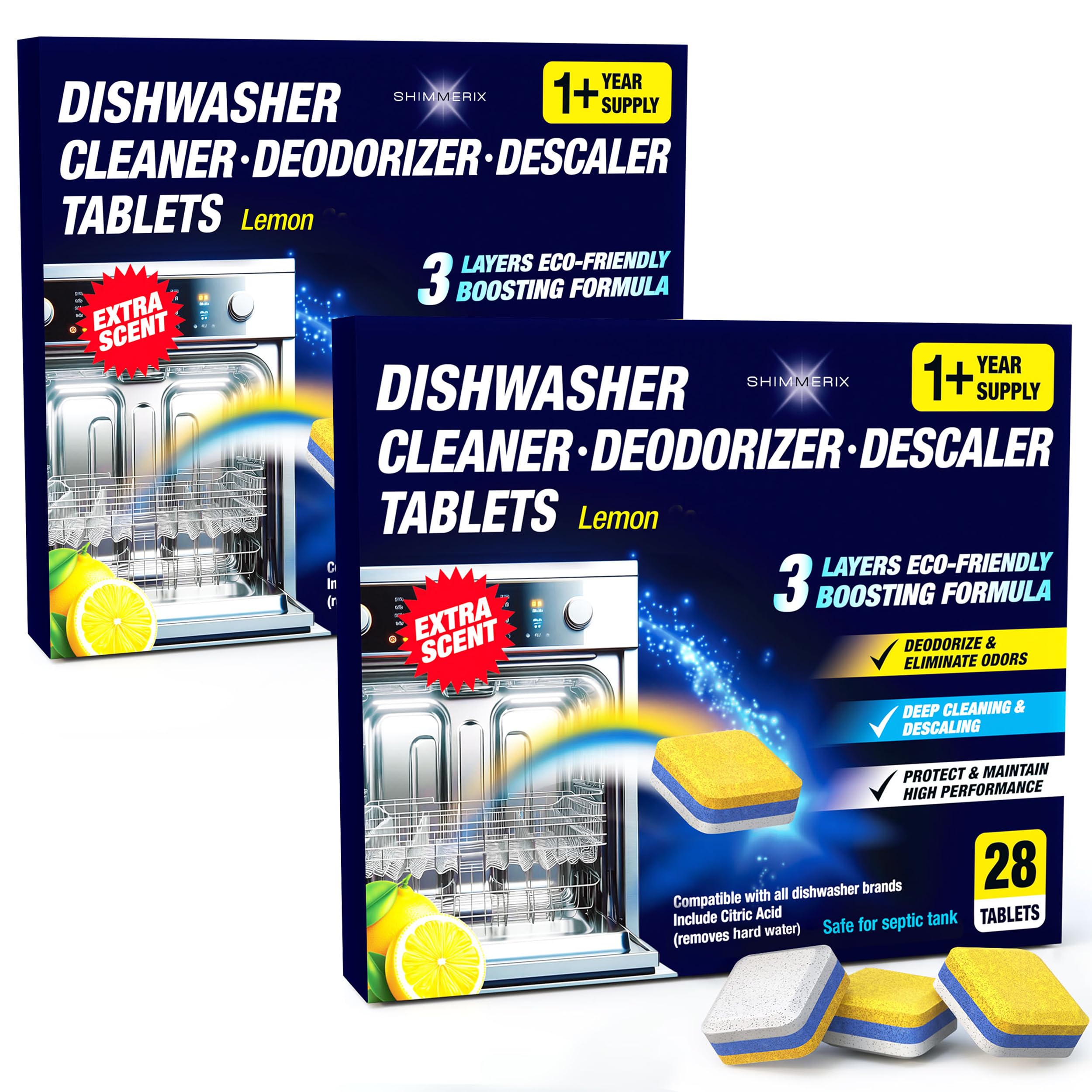 Dishwasher Cleaner Deodorizer Descaler Tablets - 56 Tabs - 1 Plus Year Supply - Extra Scented Deep Cleaning Sanitizer Pods - Remove Hard Water -