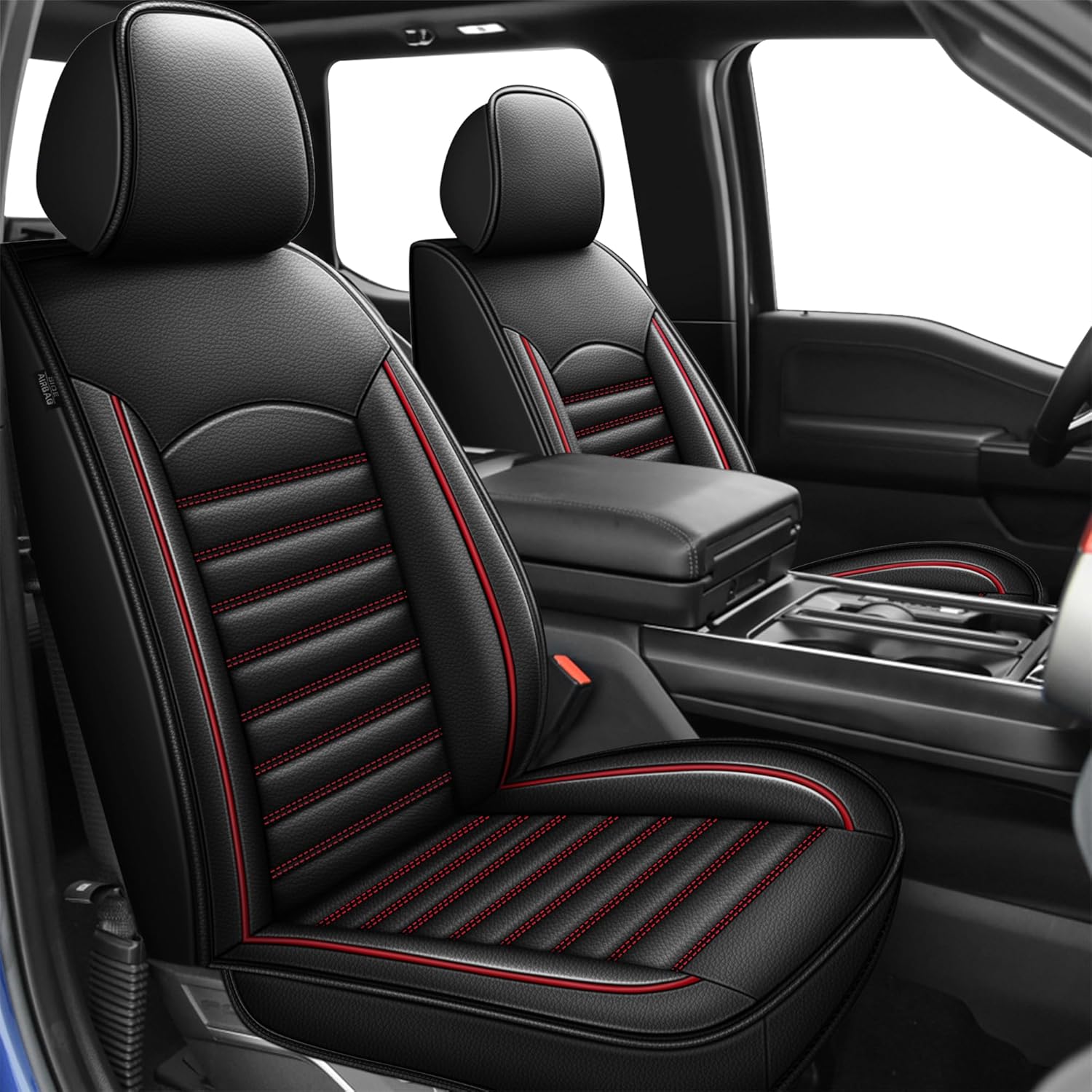 Seat Covers for Ford F150 2009-2024 2025 2026 - F250/F350/F450 2017-2025 2026 Waterproof Leather Truck Car Seat Covers Full Set (5 Seat, Red Line)
