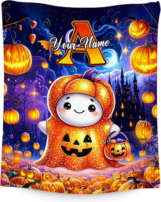 Halloween Blanket, Custom Kids Blanket with Name, Personalized Gifts for Boys Girls, Custom Monogram Gifts, Plush Throw for Teens Adults (4 Sizes Choose)