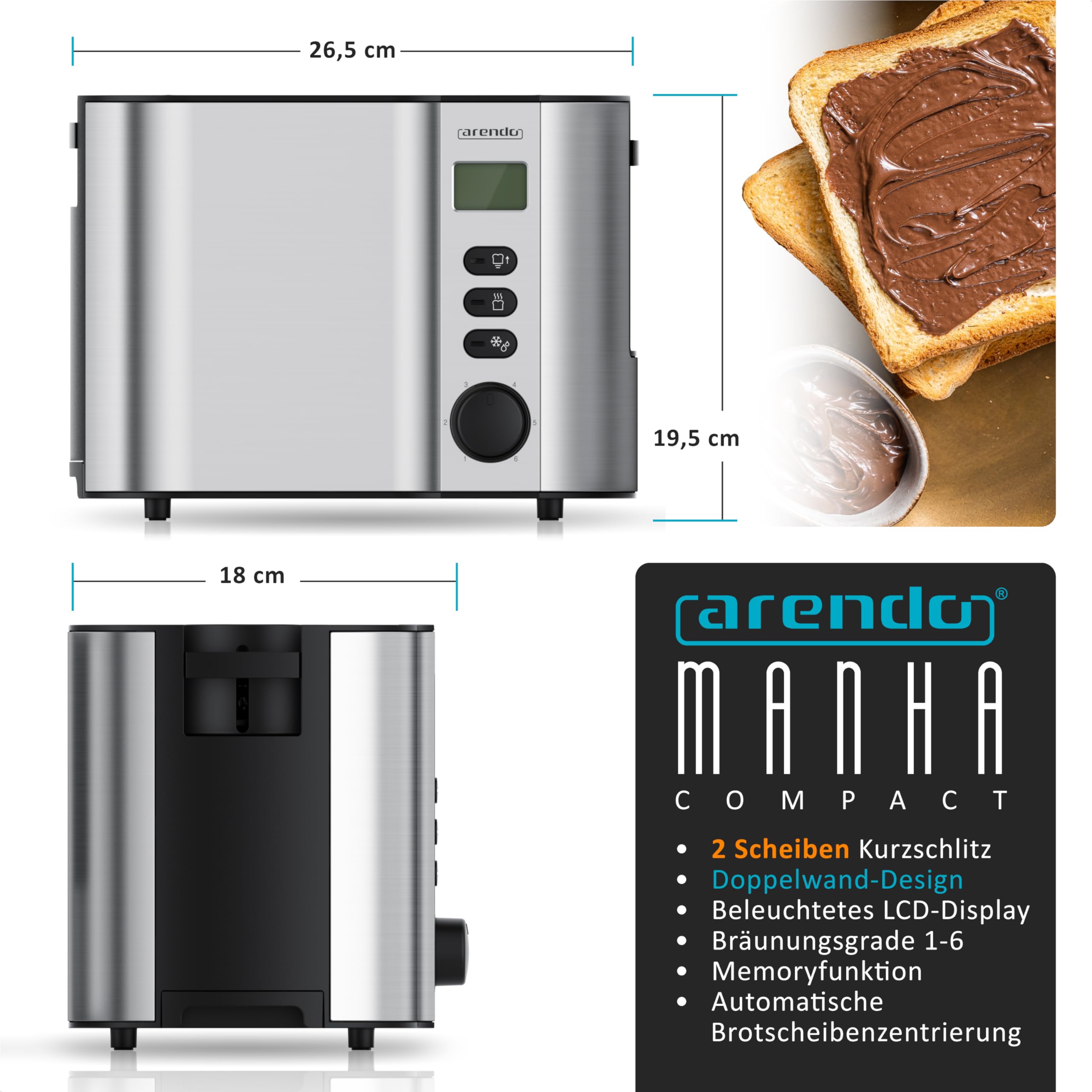 Arendo - Toaster 2 Scheiben Edelstahl mit Restzeitanzeige - 800 Watt - Doppelwandgehäuse - Integrierter Brötchenaufsatz - 6 Bräunungsgrade - kurz - Brotscheibenzentrierung – beleuchtetes LCD-Display