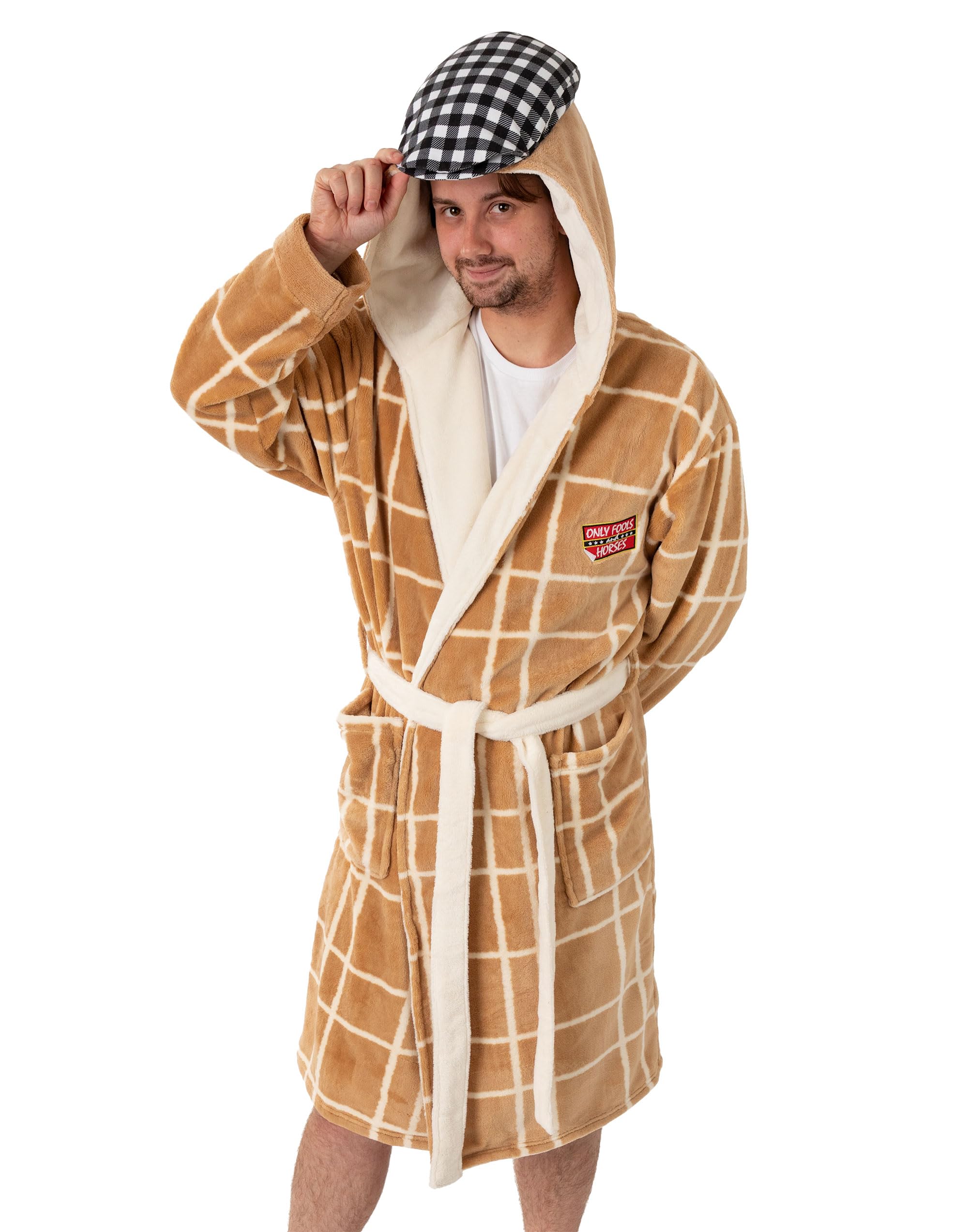 Only Fools and Horses Mens Brown & Cream Hooded Bathrobe | Cosy Fleece Loungewear for Bathing & Lounging | Classic Checkered Design | TV Programme Merch - X-Large