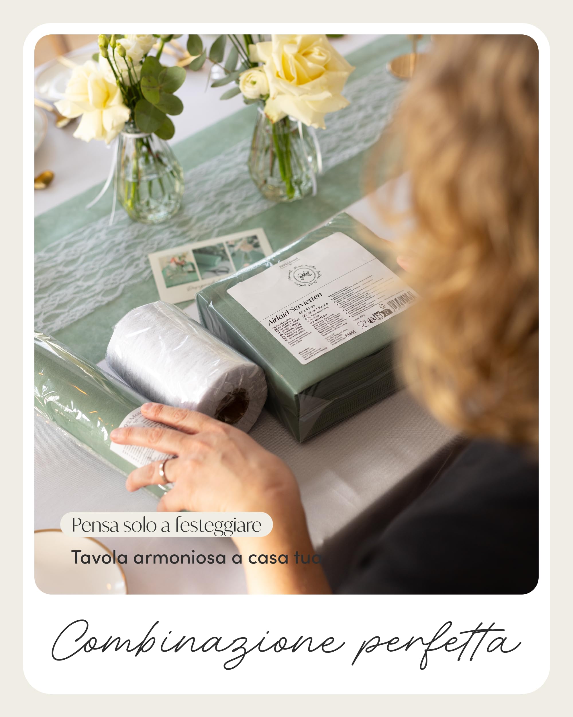 100% Mosel Kit decorazione per la tavola – Verde Eucalipto & Bianco | 25–50 ospiti – Runner in TNT & Pizzo con Tovaglioli airlaid – Kit completo per Matrimonio, Battesimo & Comunione