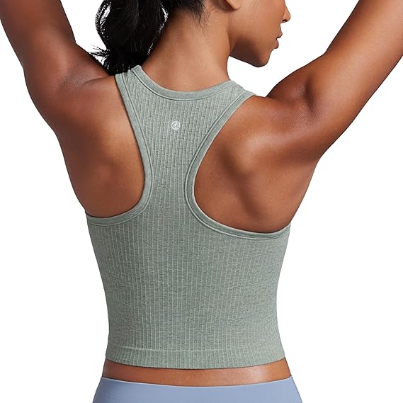CRZ YOGA Womens Seamless Ribbed Longline High Neck Sports Bra,Racerback Padded