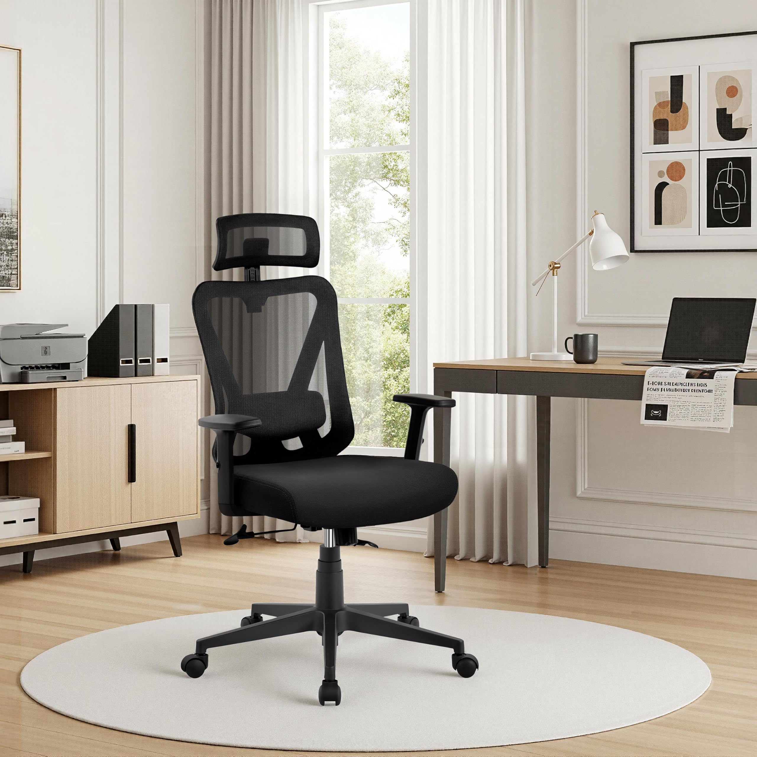 Yaheetech Bürostuhl Ergonomisch mit atmungsaktivem Netzrücken Schwarz | Höhenverstellbarer Schreibtischstuhl Verstellbare Armlehnen Kopfstütze und Lendenstütze Wippfunktion bis 130°