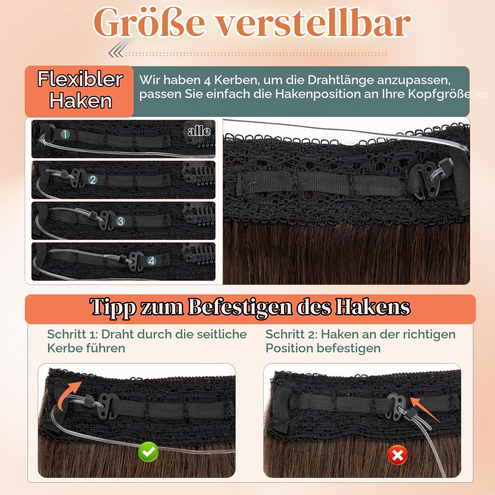 Benehair Wire Extensions Echthaar, 65g Einteilige Unsichtbare Haarverlängerungen, Verstellbares Secret Extensions Echt Haar, 18 Zoll Flip In Extension Echthaar, Dunkelbraun #2