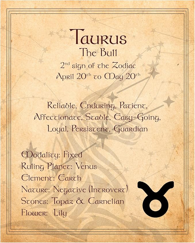 Taurus Zodiac Wall Art – 8x10 Unframed Horoscope Print on Vintage Parchment, Astrology Decor for Taurus Women & Men – Taurus Sign Poster for Bedroom, Office, Dorm, or Boho Spiritual Gift