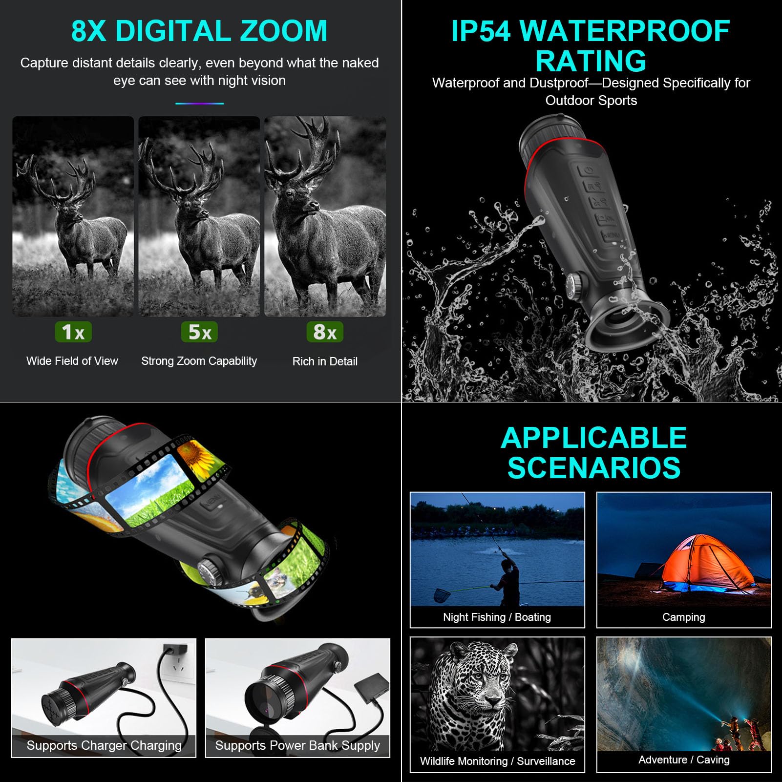 4K Monoculaire Thermique, Lunette Vision Nocturne Chasse, 300m Portée de Détection, Zoom Numérique 8X, 32 Go de RAM pour L'exploration en Extérieur, L'observation de La Faune