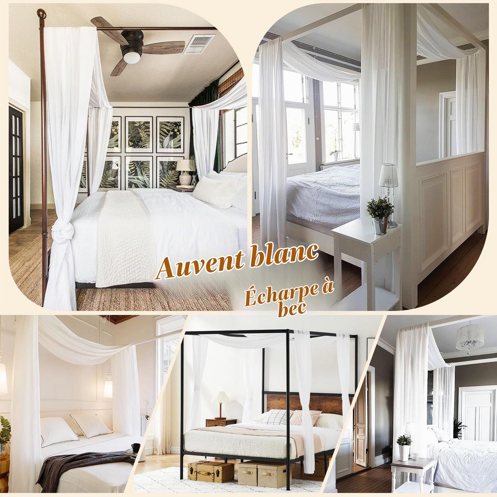 Showgeous Lot de 2 rideaux à baldaquin blanc de 140 x 548 cm pour cadre de lit double/grand lit, rideaux de lit transparents, voilages en tulle