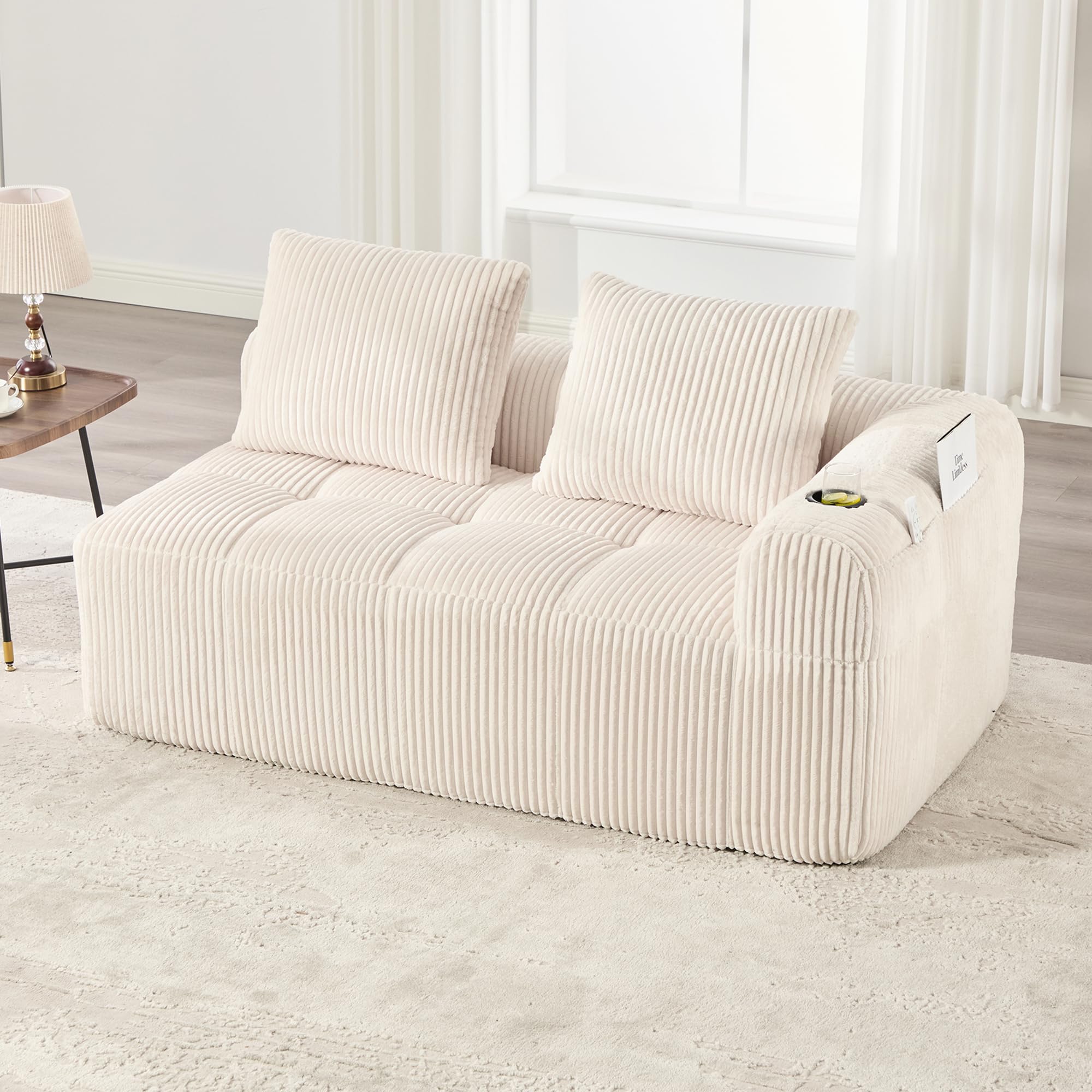 Zweisitzer Cord Sofa mit Getränkehalter & Seitentasche, Modulares Polstersofa inkl. 2 Kissen, Kompakte Stoffcouch für Wohnzimmer & Arbeitszimmer, Beige