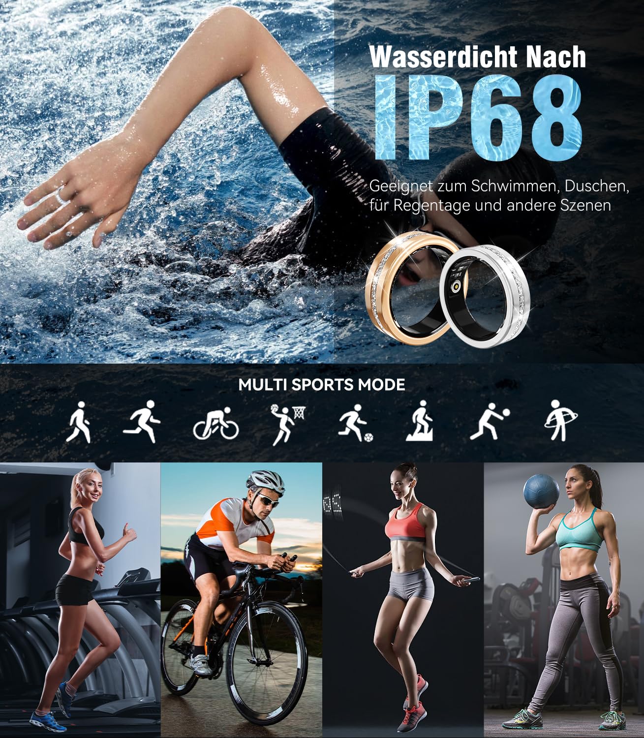 10. Gen Diamant Smart Ring 【IP68 Wasserdicht-0 Messfehler】 und Kabelloses Ladeetui, Fitness Tracking Ring with Heart Rate, Sleep Monitor，Smartring Kompatibel mit Android und iOS,Gold 8