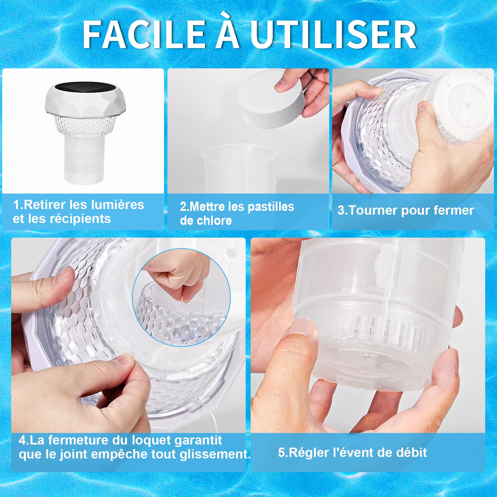 Lampe Solaire Piscine Flottante Diffuseur Chlore Piscine avec Lumière Solaire LED Distributeur de Chlore Flottant avec télécommande Libération Réglable & Ouverture Facile Doseur Flotteur Solaire