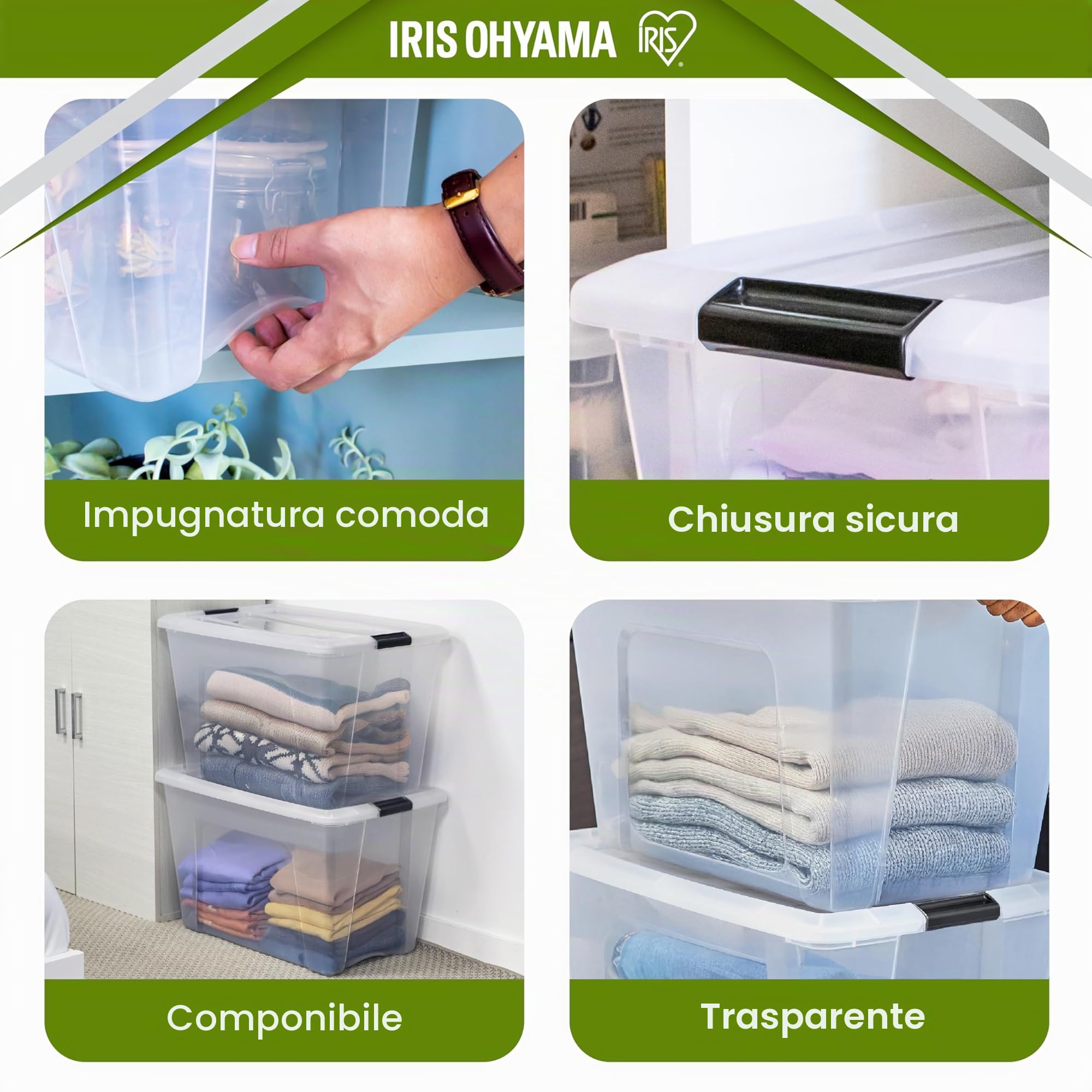 Iris Ohyama, Scatola portaoggetti in plastica con coperchio, 55 l, confezione da 3, trasparente, 98% in plastica riciclata, clip di chiusura, maniglia, impilabile, per camera, spogliatoio, ufficio