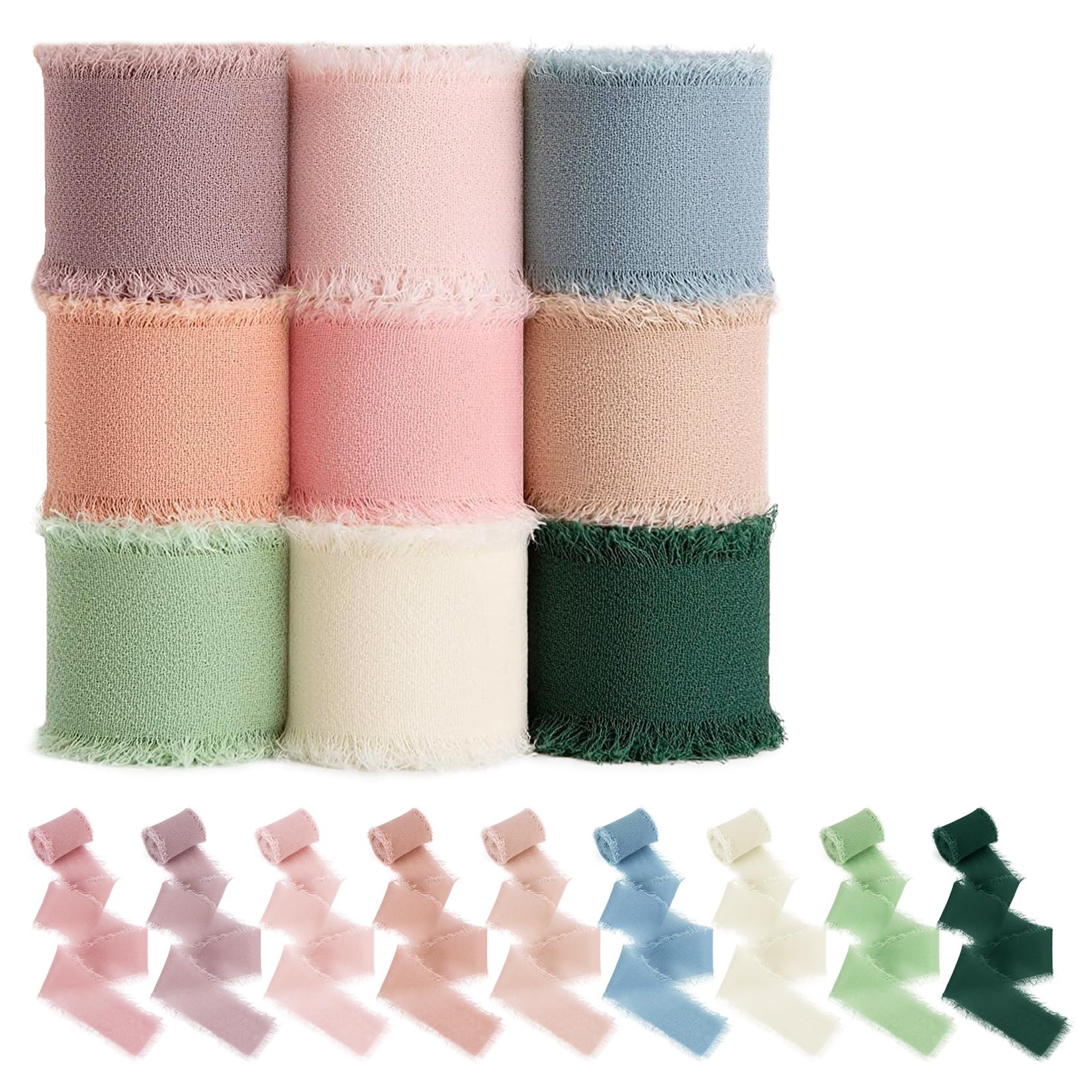 RAINFLOWRAINFLOW 9 Rolls Chiffon Ribbon - 2yard x 9 Rolls Chiffon Silk Ribbon, Fringe Set for Flower Bouquet，Present Wrapping，Wedding Invitation，Decoration,9 Ccolors,18 Yards in Total