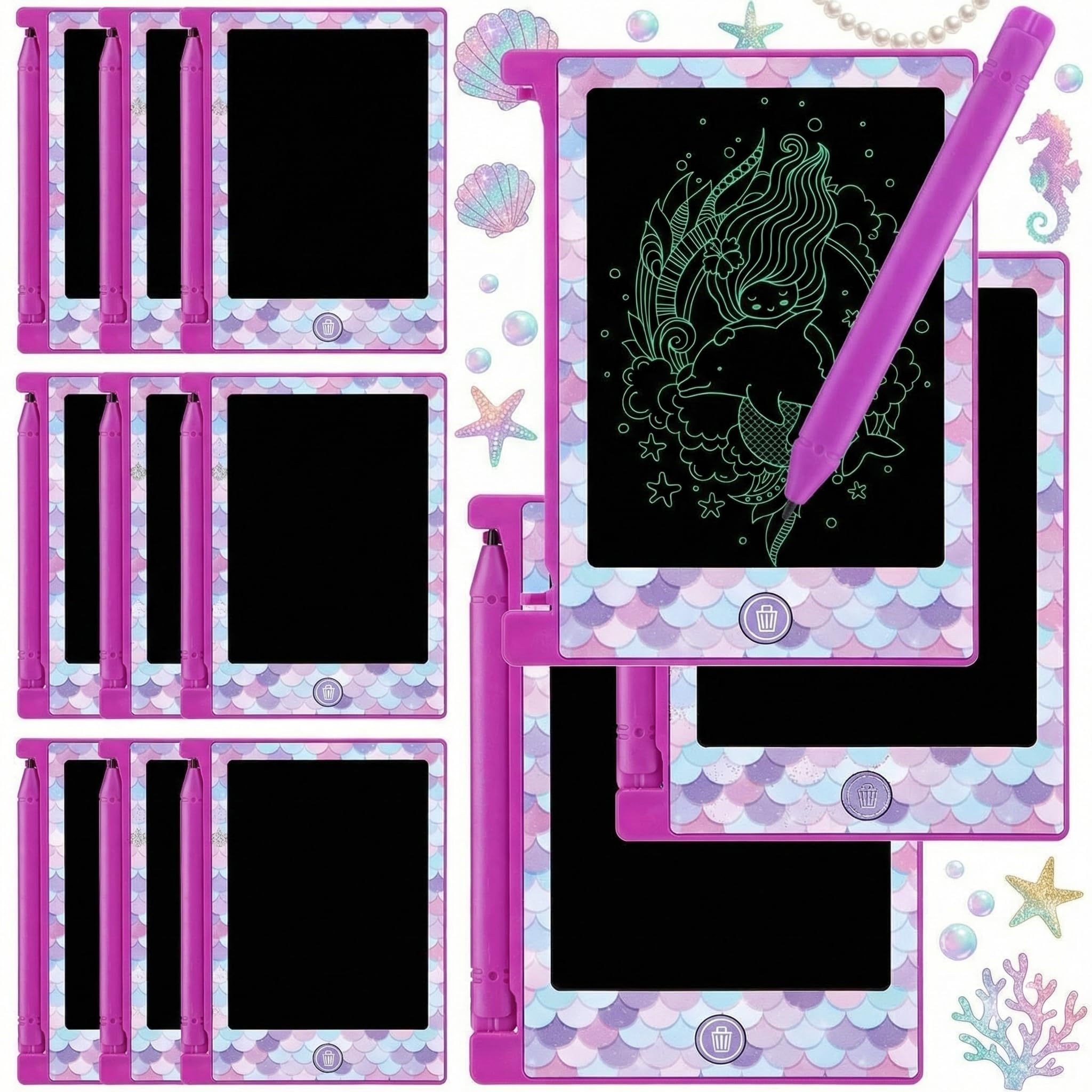 Nezyo 12 Pack Mermaid Tail LCD Writing Tablet, 4.6'' Mini Board Drawing Tablet, Kids Doodle Pad, Girls Mermaid Themed Birthday Gifts, Goodie Bags