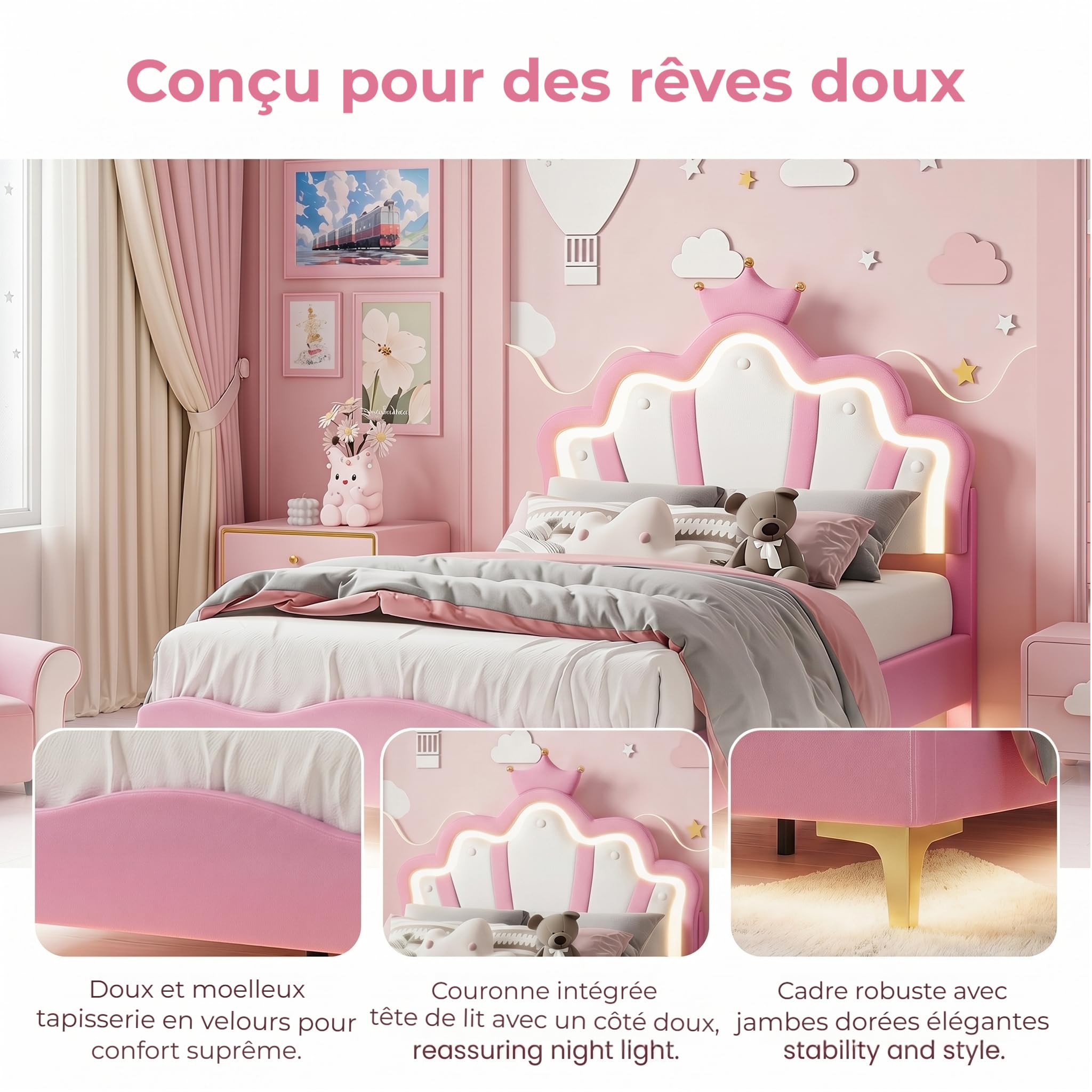 Générique Lit Enfant Rembourré 90x190 cm avec LED, Lits Double pour Fille, lit d'Adolescent avec Tête de Bed Réglable en Hauteur Princesse Couronne et Sommier à Lattes, PU Rose