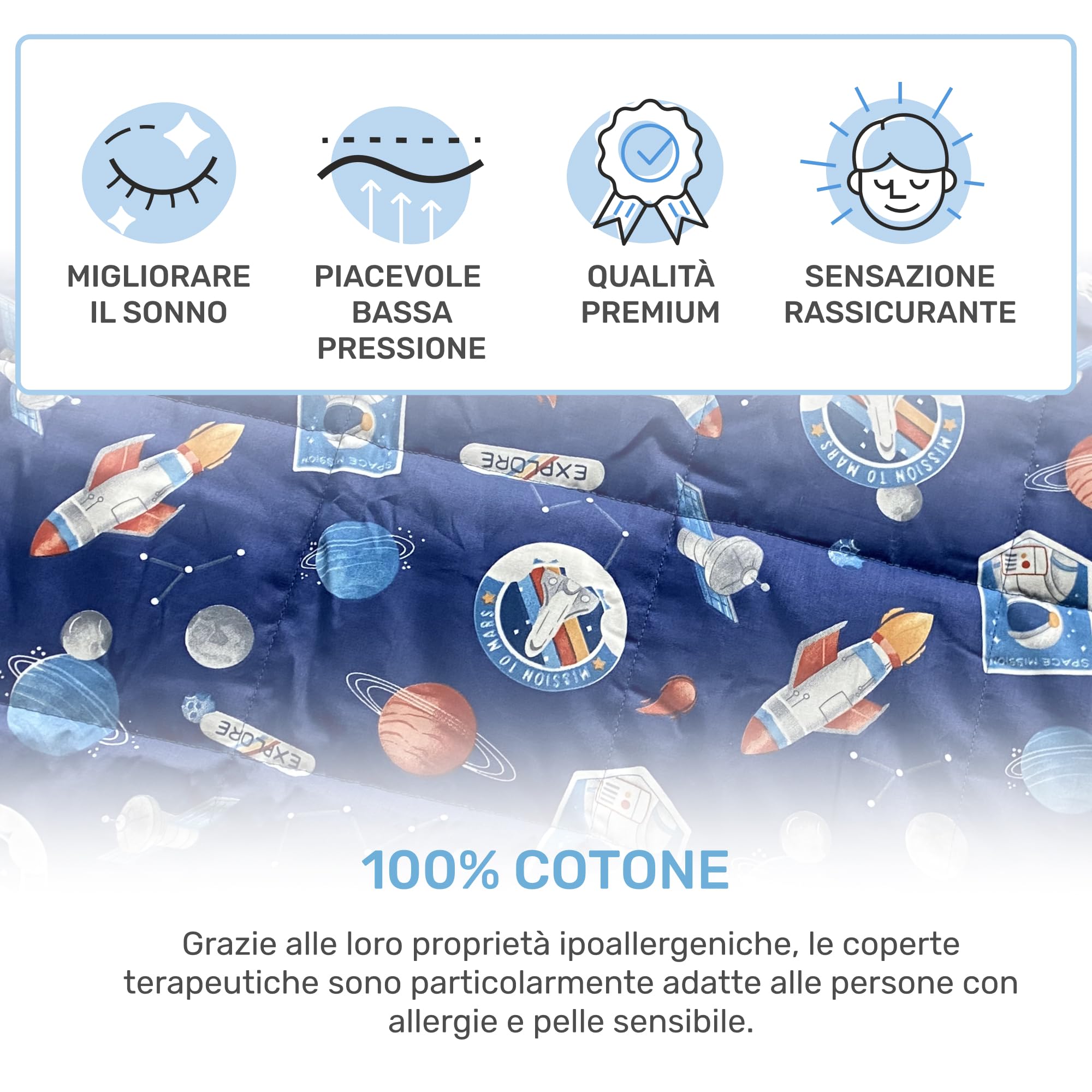 Dailydream Coperta con Peso per Bambini | 104x150 | 3,2 kg | Motivo Space | in 100% Cotone | con Riempimento di Perle di Vetro | Coperta Pesante per Dormire | Coperta Ponderata | Coperta Terapeutica |