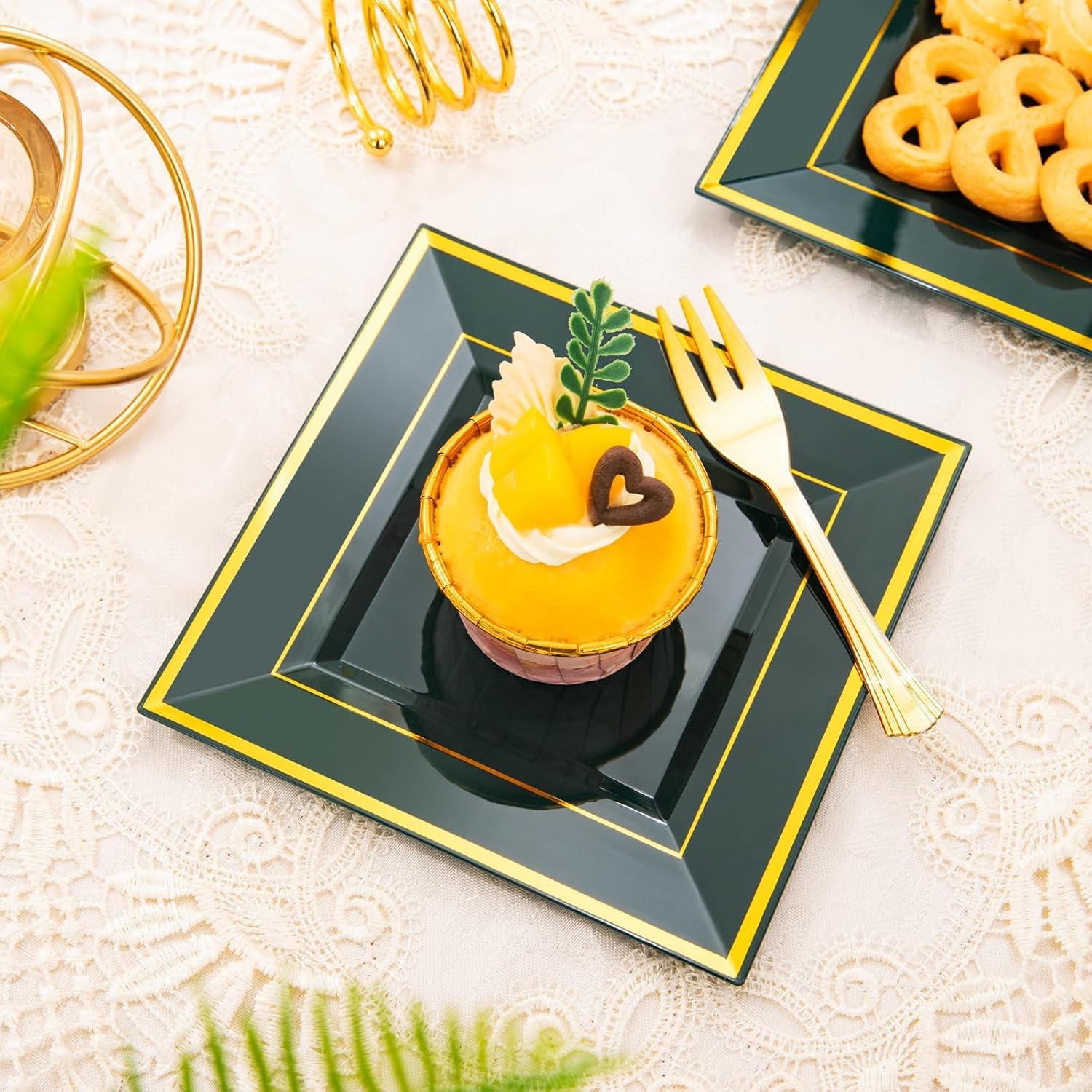 WDF 200PCS Green and Gold Plastic Dessert Plates with Plastic Forks -6’’ 100 Square Disposable Appetizer Plates Small Plates Cake Plates with Gold&100 Green Small Appetizer Forks for Easter