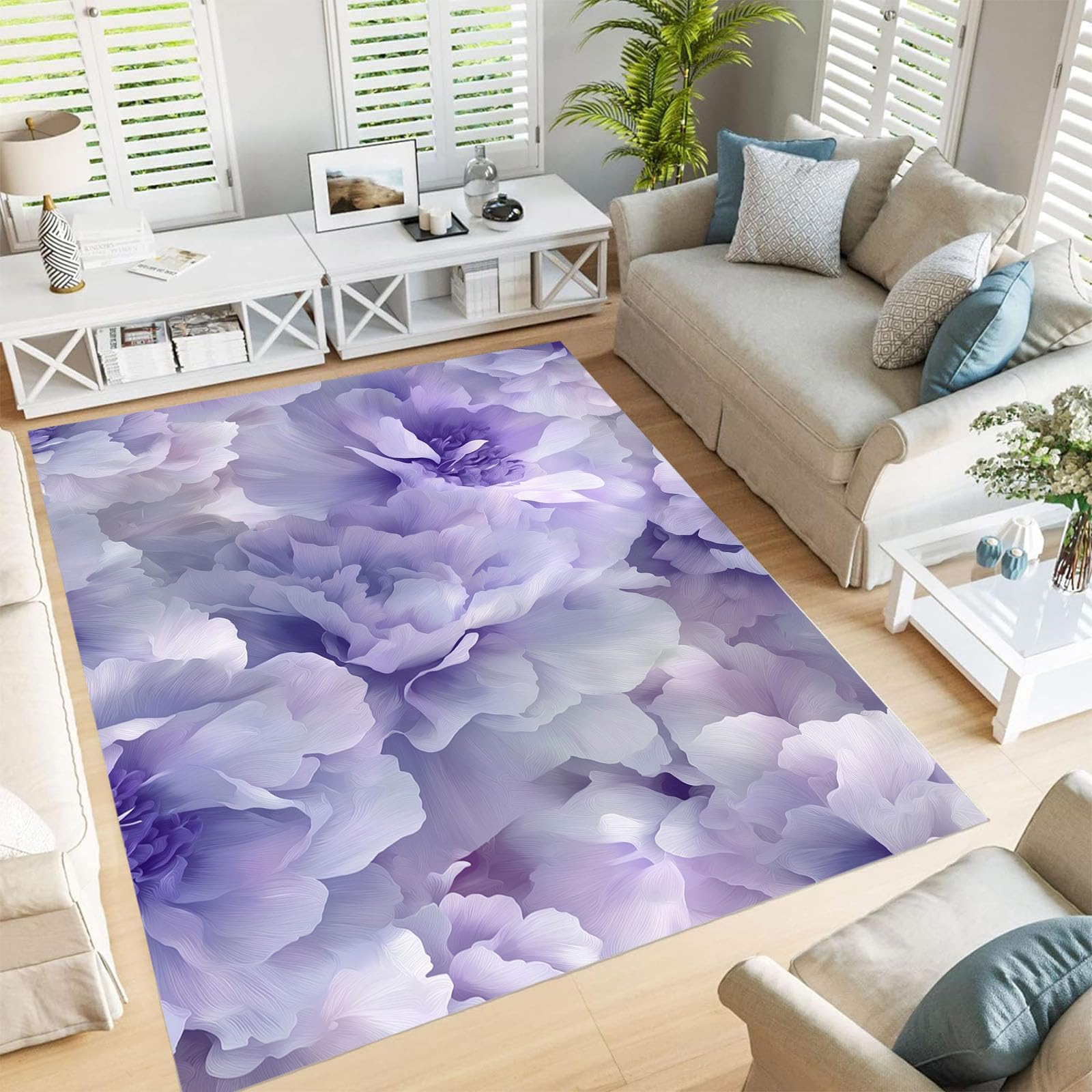 Tapis pivoine 3D lilas 80x150 cm lavable pour salon et chambre
