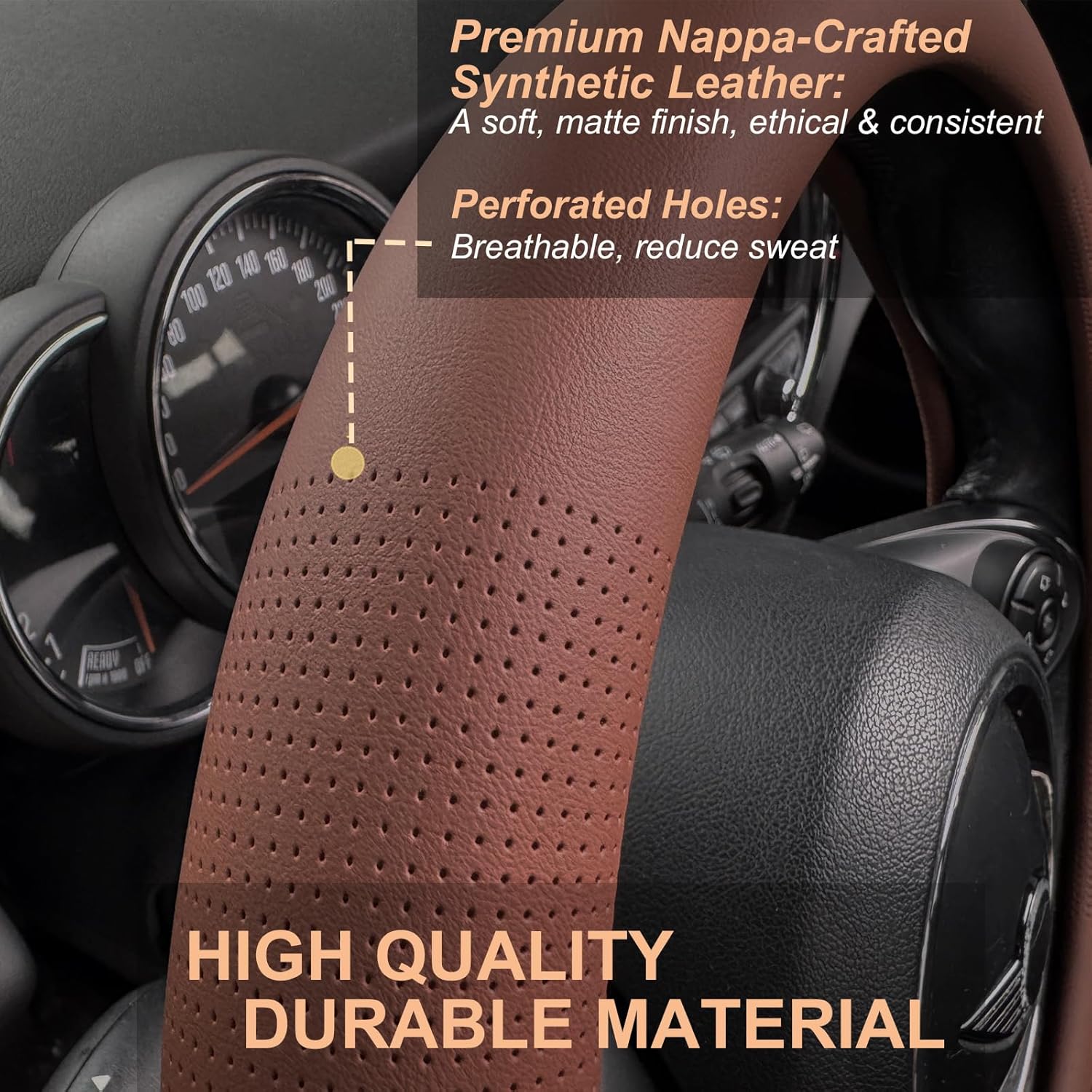 PINCTROT Large Size Nappa Leather Steering Wheel Cover, Slim Fit No Bulk Design, One Piece Leather with Breathable Perforation, Fit Like Gloves, 15.5-15.75 Inch(Nappa Brown)